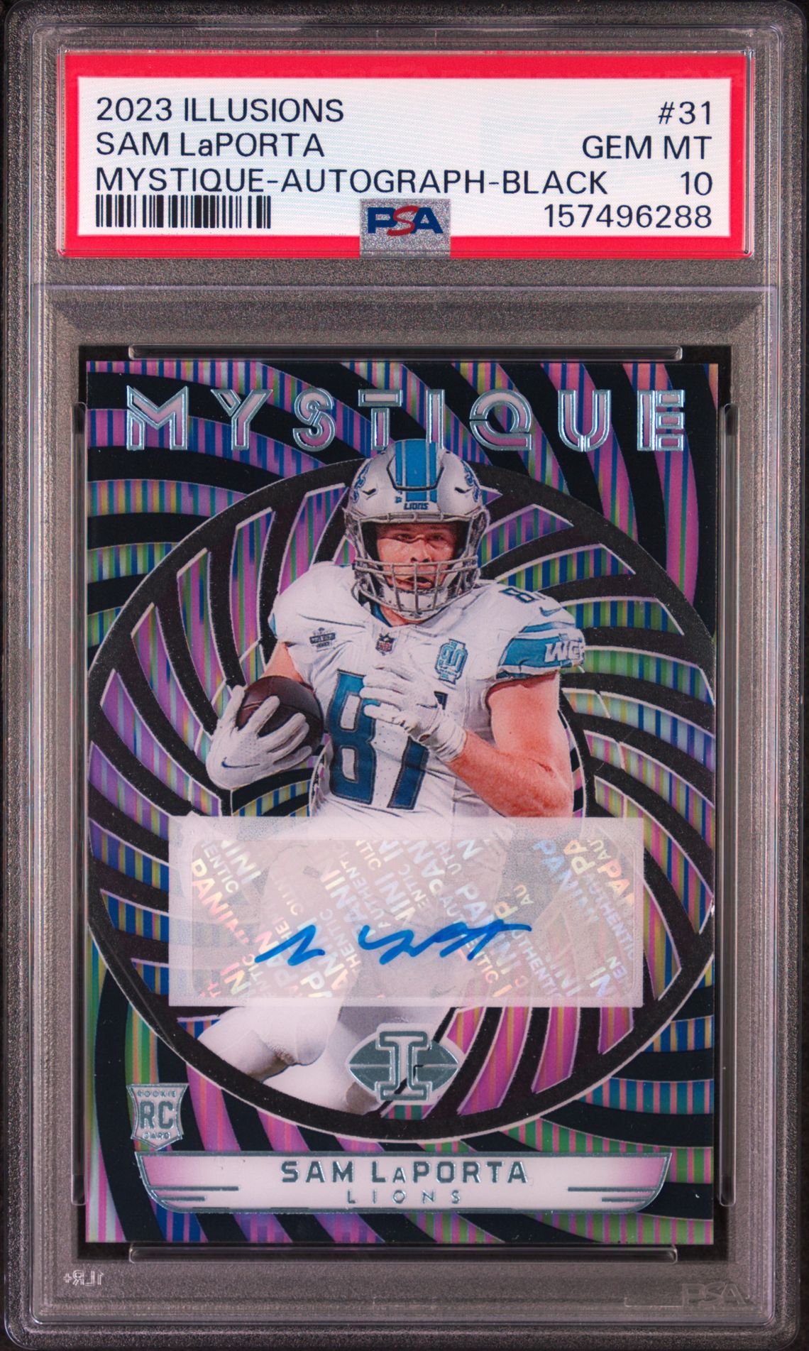 2023 Panini Illusions Mystique Sam Laporta #31 (Mystique-Autograph-Black) Gem Mt 10 front view - PSA graded GEM MT 10