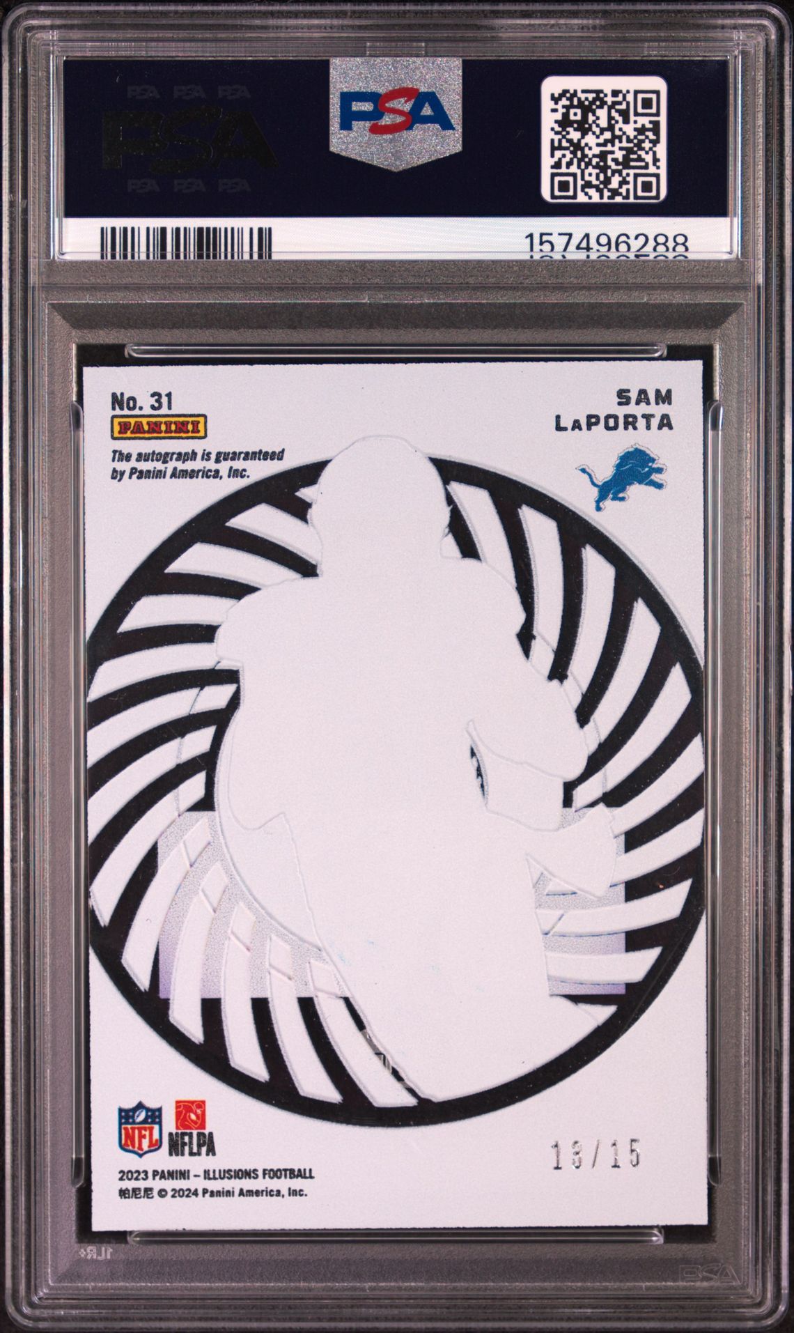 2023 Panini Illusions Mystique Sam Laporta #31 (Mystique-Autograph-Black) Gem Mt 10 back view - PSA certificate #157496288