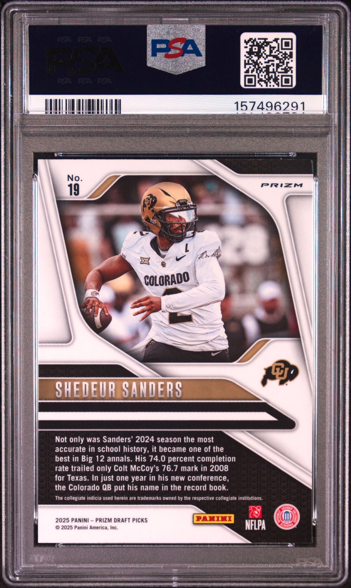 2025 Panini Prizm Draft Picks Shedeur Sanders #19 (Gold Ice) Gem Mt 10 back view - PSA certificate #157496291