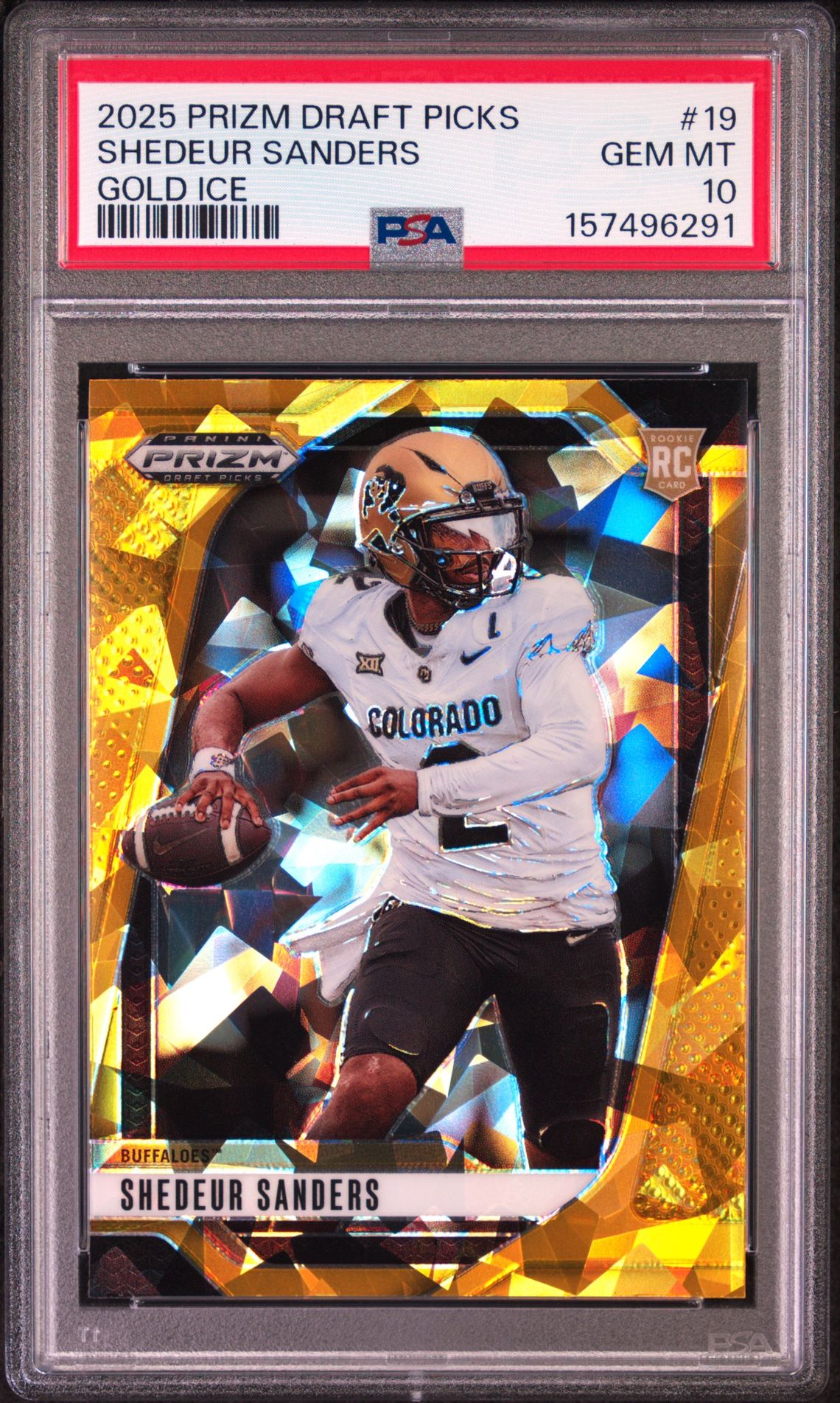 2025 Panini Prizm Draft Picks Shedeur Sanders #19 (Gold Ice) Gem Mt 10 front view - PSA graded GEM MT 10