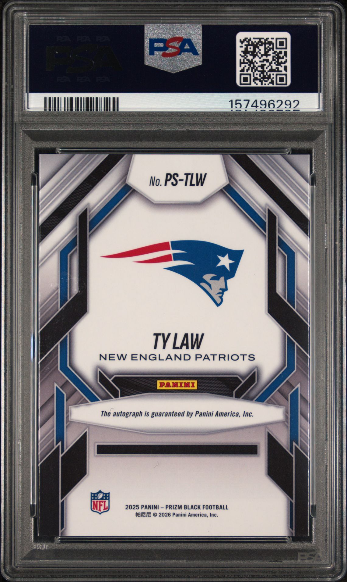2025 Panini Prizm Black Prolific Signatures Ty Law #Ps-Tlw Gem Mt 10 back view - PSA certificate #157496292