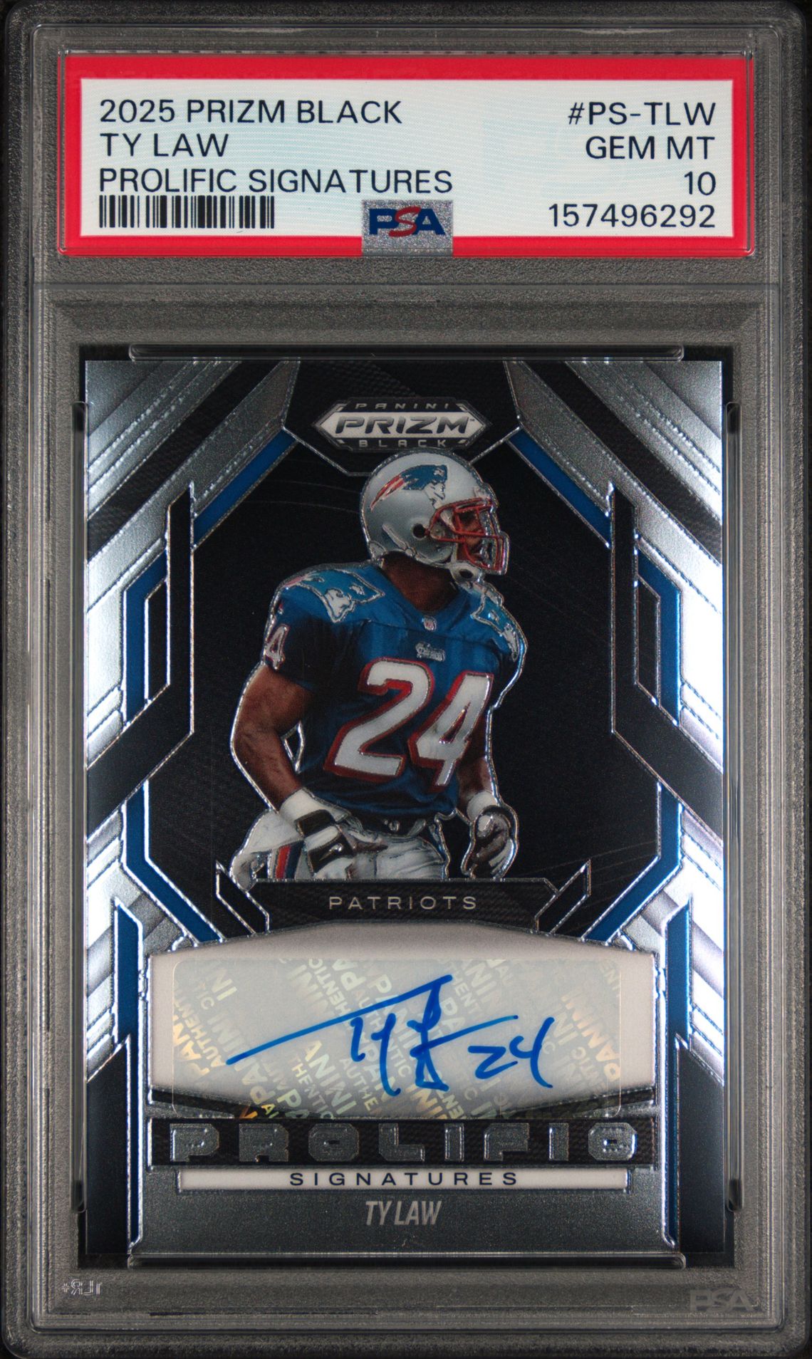 2025 Panini Prizm Black Prolific Signatures Ty Law #Ps-Tlw Gem Mt 10 front view - PSA graded GEM MT 10