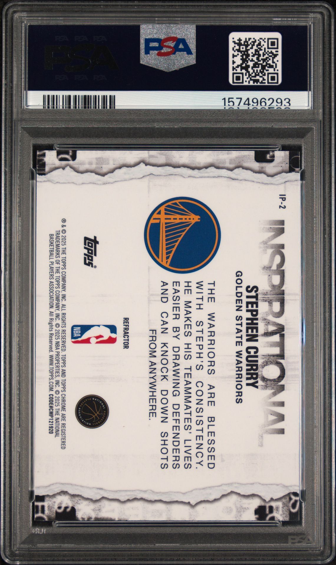 2025 Topps Chrome Inspirational Stephen Curry #Ip-2 (Inspirational-Refractor) Gem Mt 10 back view - PSA certificate #157496293