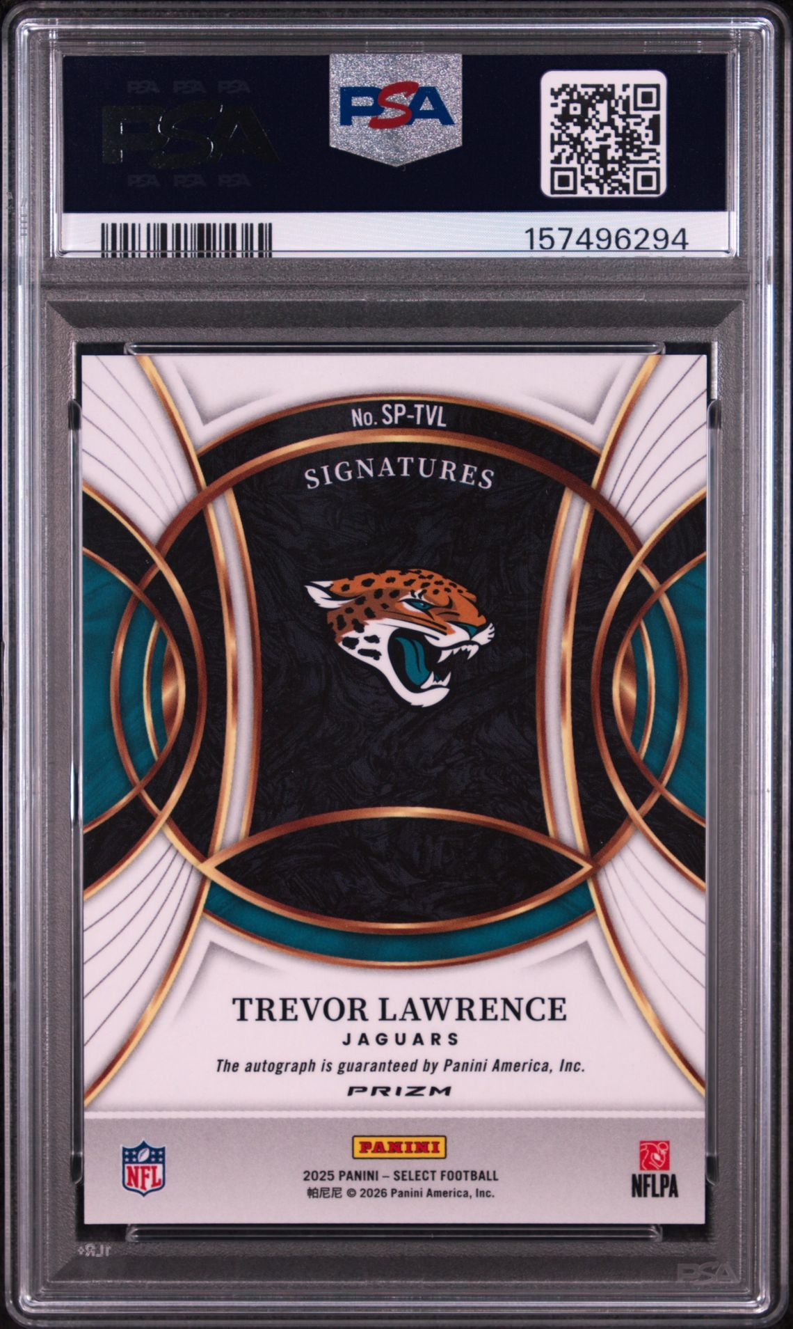 2025 Panini Select Signatures Trevor Lawrence #Sp-Tvl (Signatures-Prizm) Gem Mt 10 back view - PSA certificate #157496294