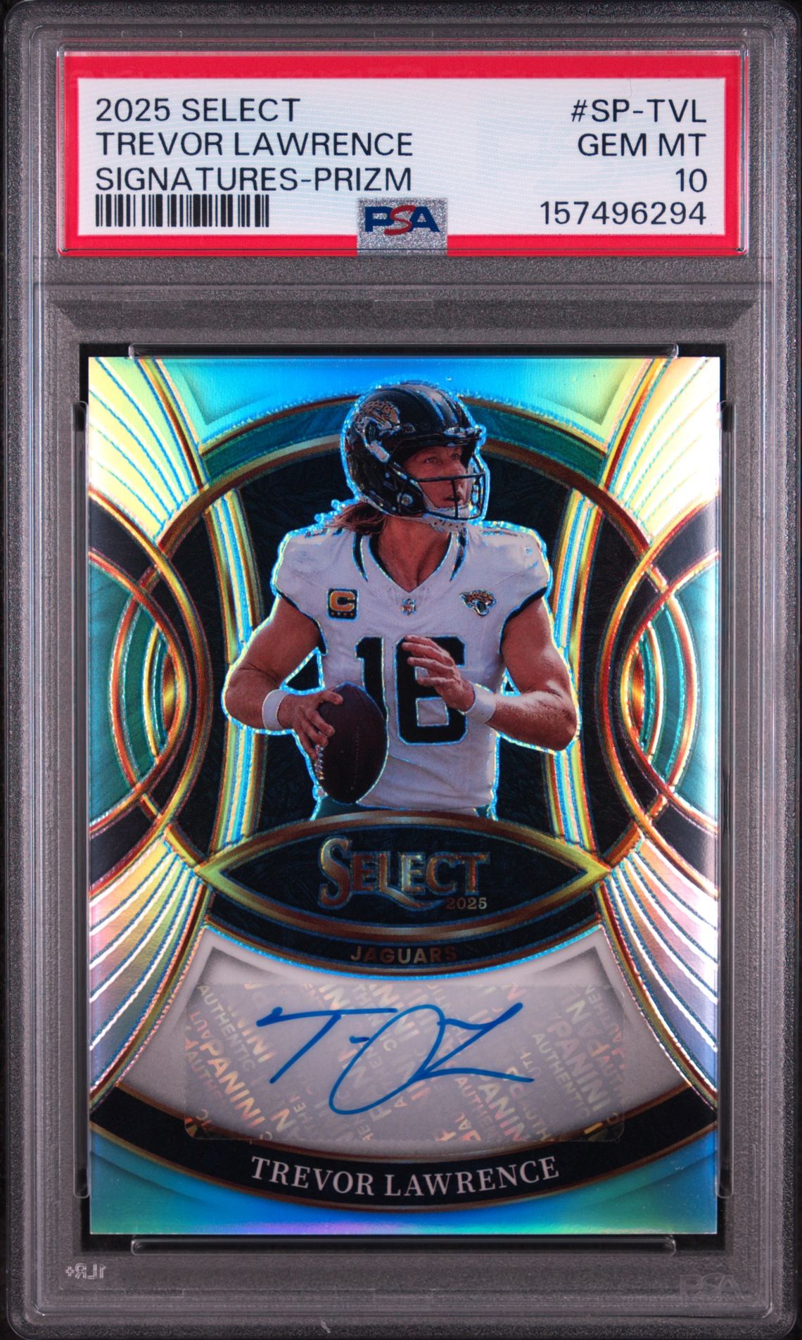 2025 Panini Select Signatures Trevor Lawrence #Sp-Tvl (Signatures-Prizm) Gem Mt 10 front view - PSA graded GEM MT 10