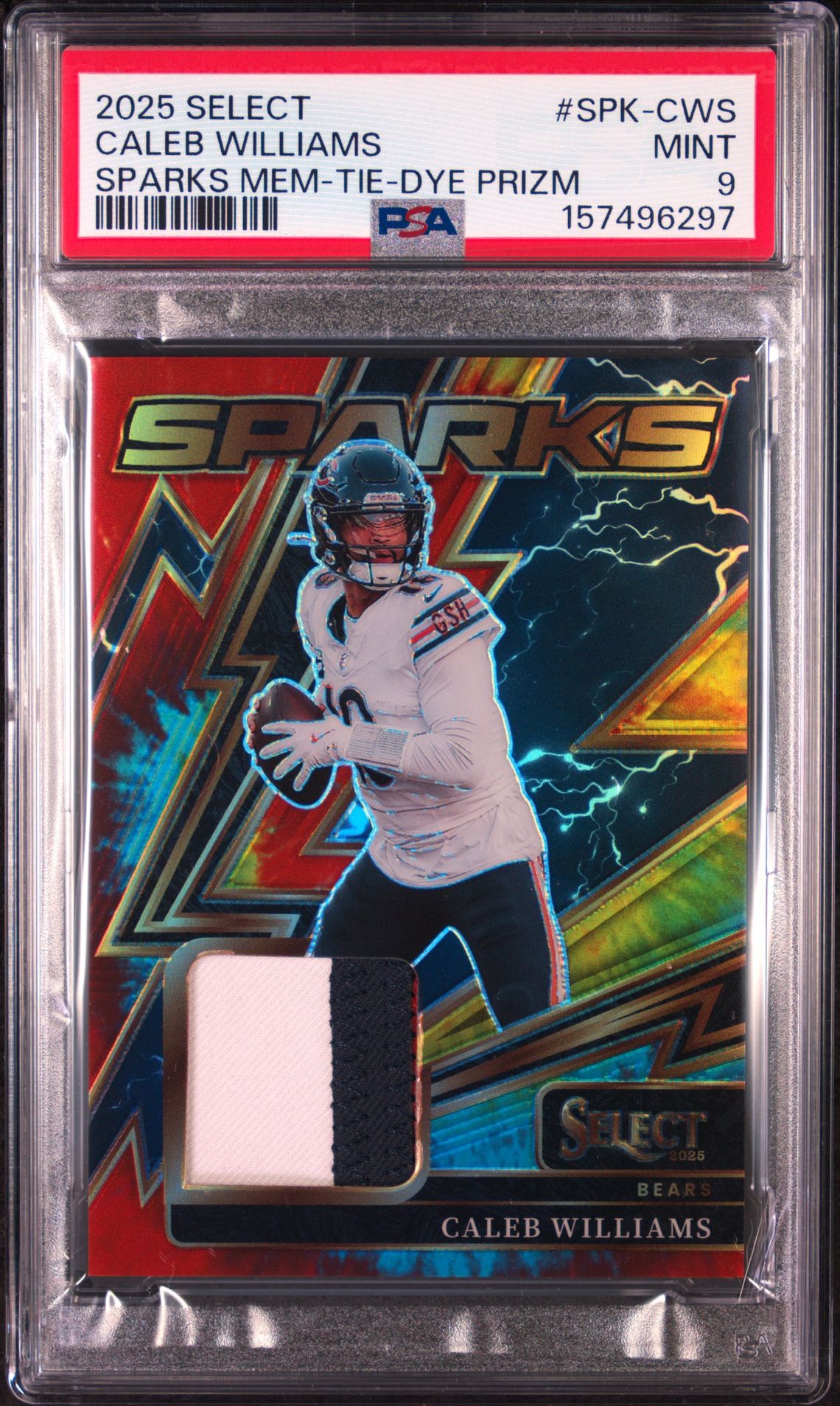 2025 Panini Select Sparks Memorabilia Caleb Williams #Spk-Cws (Sparks Mem-Tie-Dye Prizm) Mint 9 front