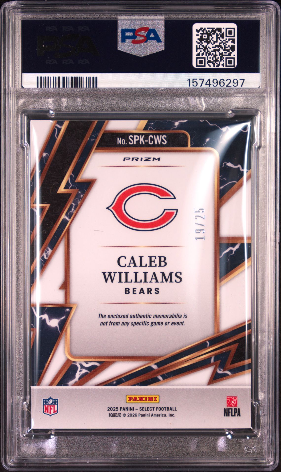 2025 Panini Select Sparks Memorabilia Caleb Williams #Spk-Cws (Sparks Mem-Tie-Dye Prizm) Mint 9 back