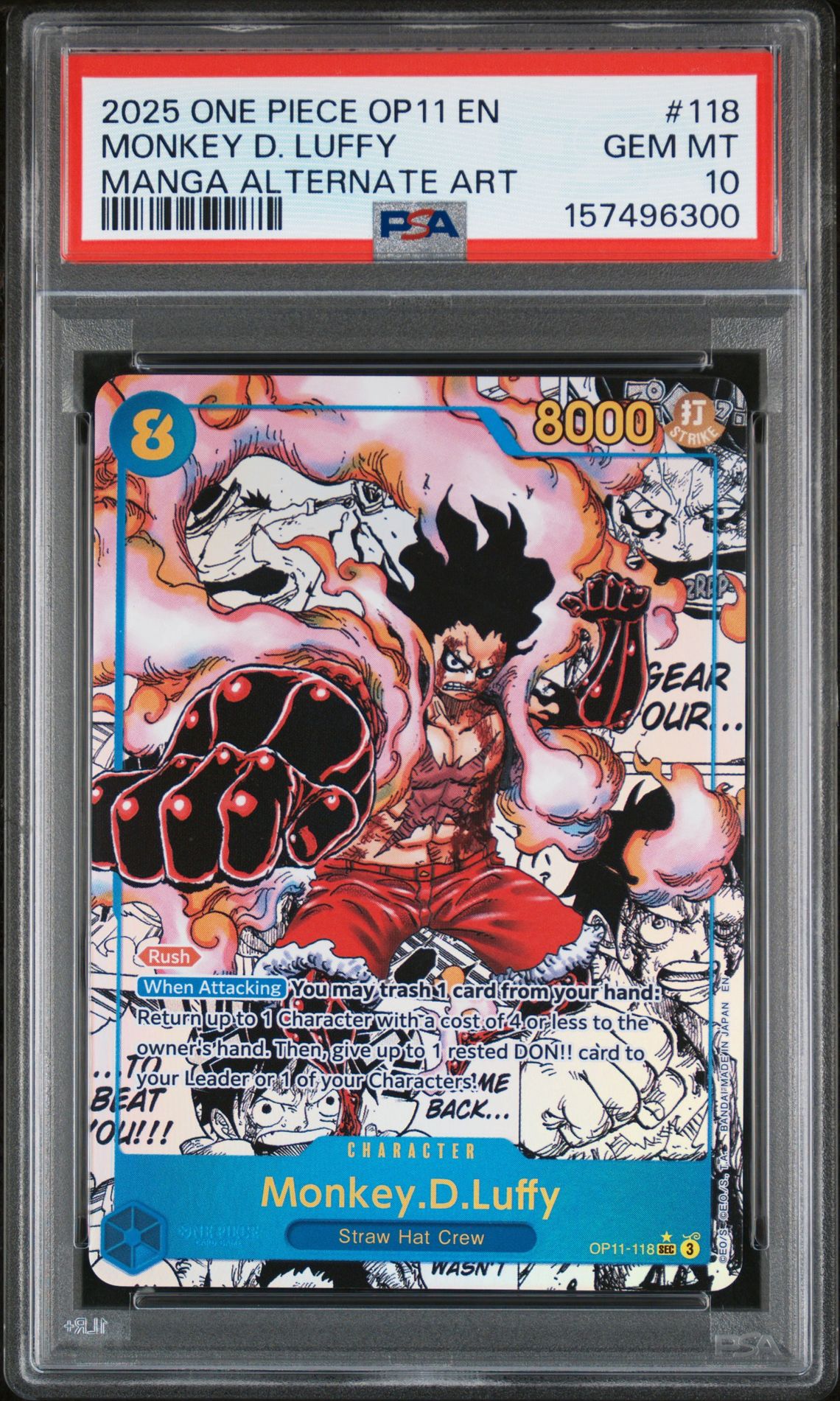 2025 One Piece Op11-A Fist Of Divine Speed Monkey D. Luffy #118 (Manga Alternate Art) Gem Mt 10 front