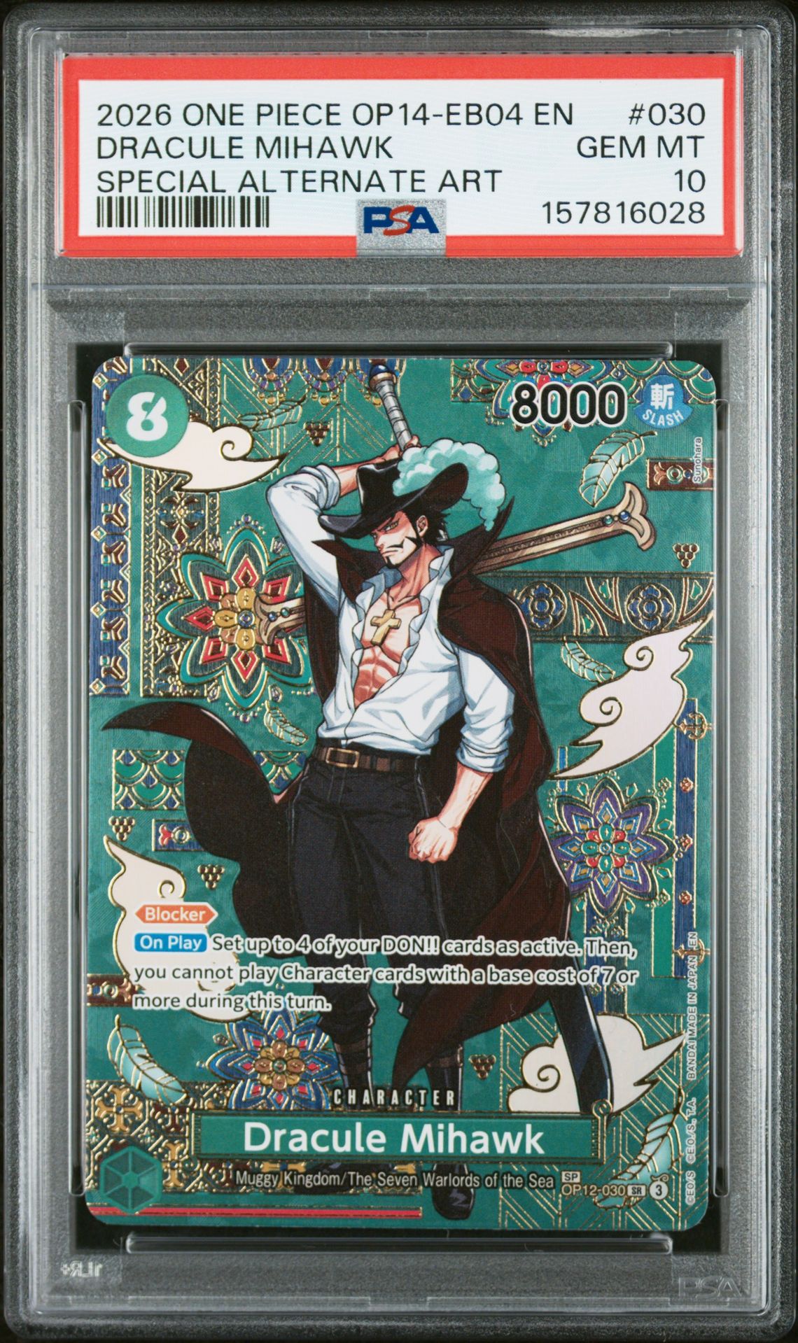2026 One Piece Op14-Eb04-The Azure Sea's Seven Dracule Mihawk #030 (Special Alternate Art) Gem Mt 10 front view - PSA graded GEM MT 10