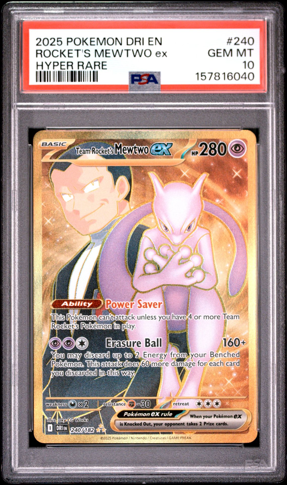 2025 Pokemon Dri En-Destined Rivals Rocket's Mewtwo Ex #240 (Hyper Rare) Gem Mt 10 front