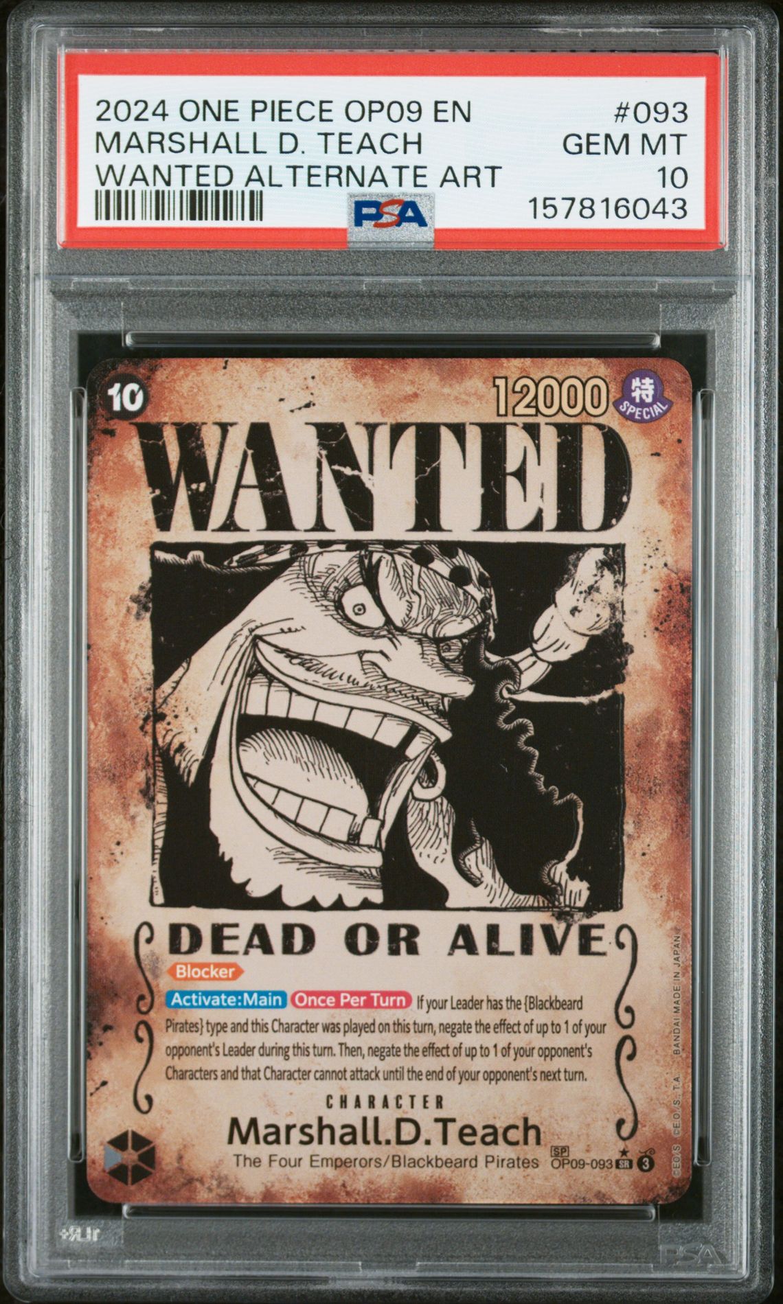 2024 One Piece Op09-Emperors In The New World Marshall D. Teach #093 (Wanted Alternate Art) Gem Mt 10 front view - PSA graded GEM MT 10