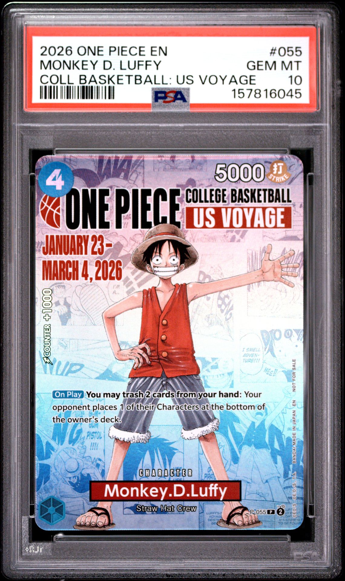 2026 One Piece Promos Monkey D. Luffy #055 (Coll Basketball: Us Voyage) Gem Mt 10 front