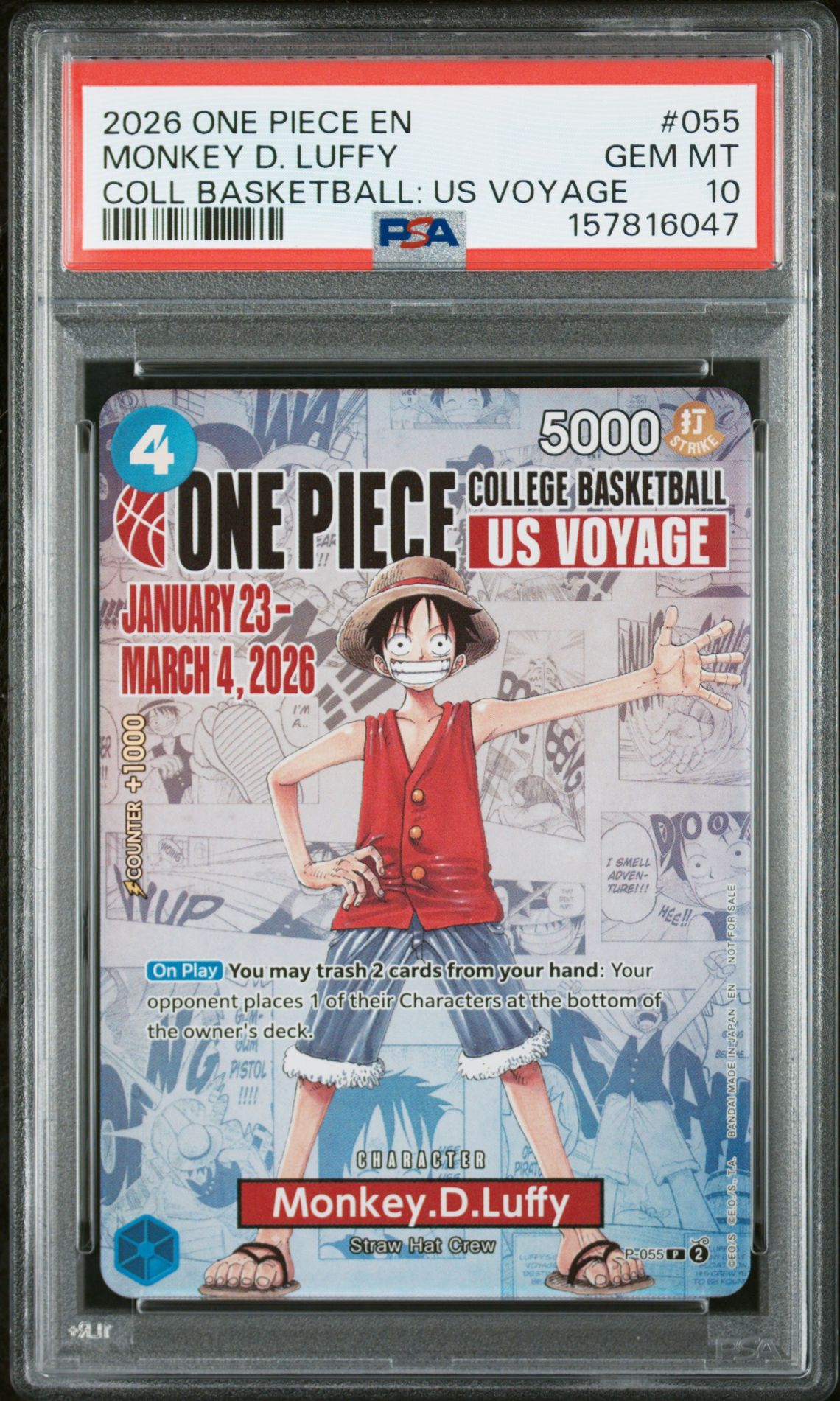 2026 One Piece Promos Monkey D. Luffy #055 (Coll Basketball: Us Voyage) Gem Mt 10 front view - PSA graded GEM MT 10