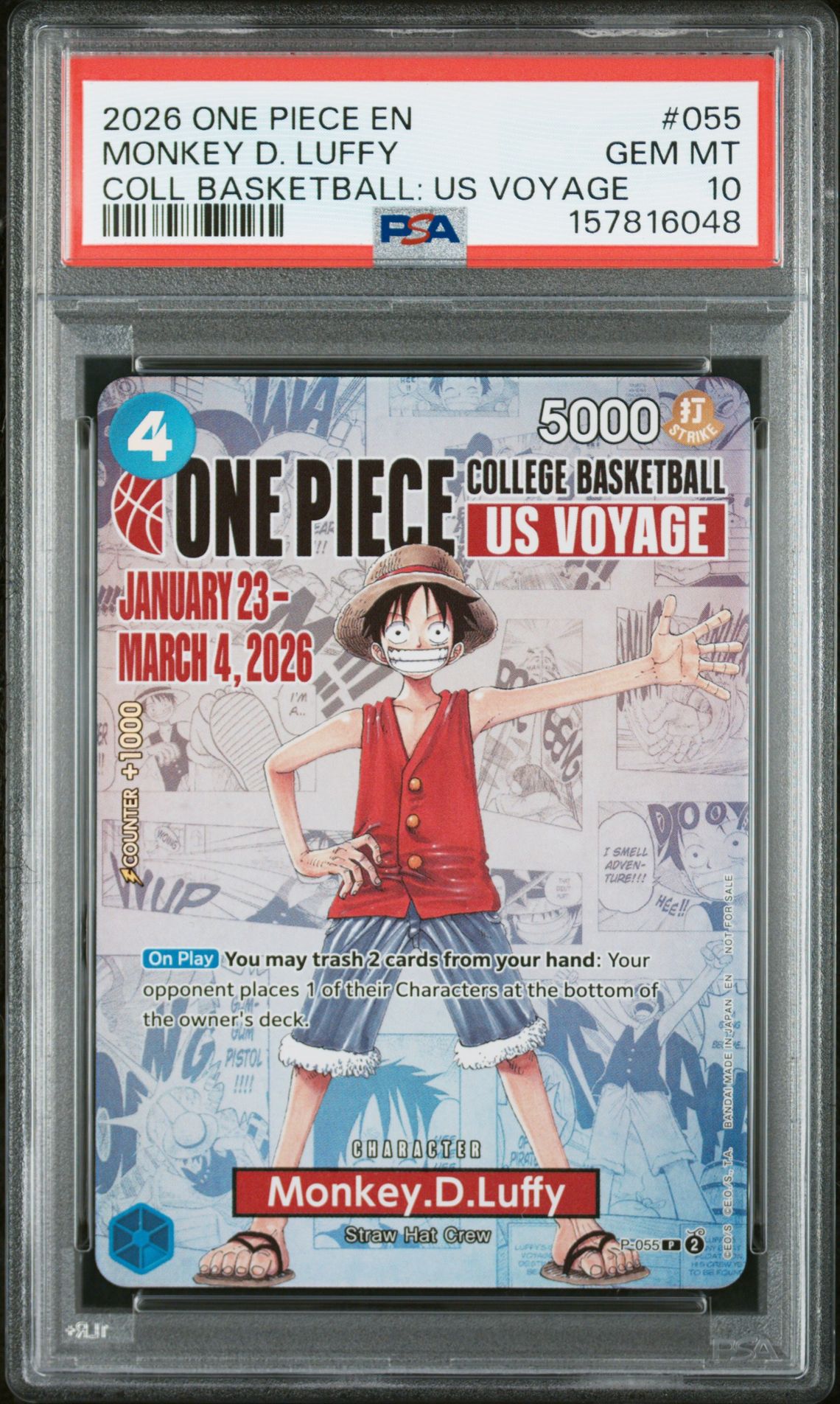 2026 One Piece Promos Monkey D. Luffy #055 (Coll Basketball: Us Voyage) Gem Mt 10 front view - PSA graded GEM MT 10