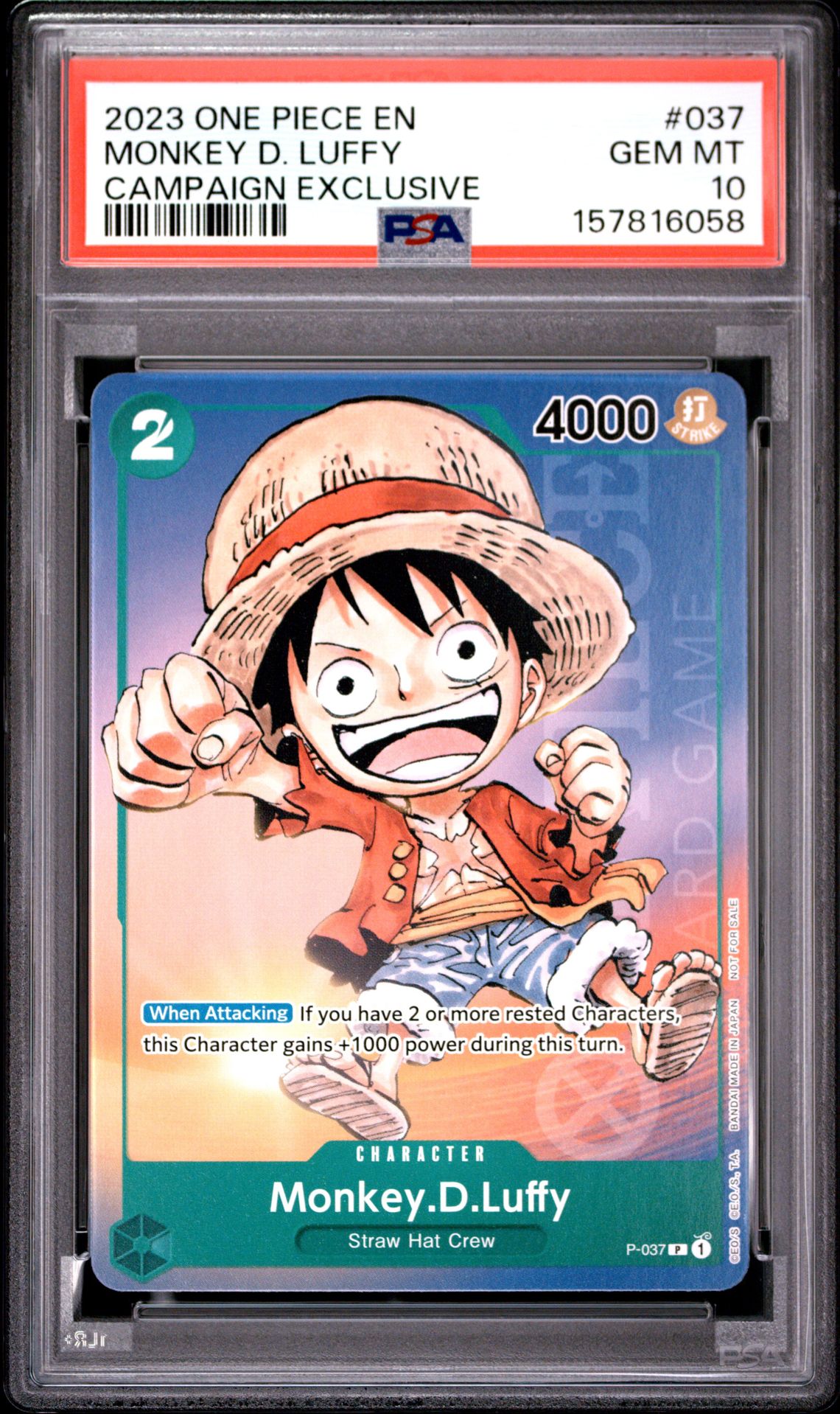 2023 One Piece Promos Monkey D. Luffy #037 (Campaign Exclusive) Gem Mt 10 front view - PSA graded GEM MT 10