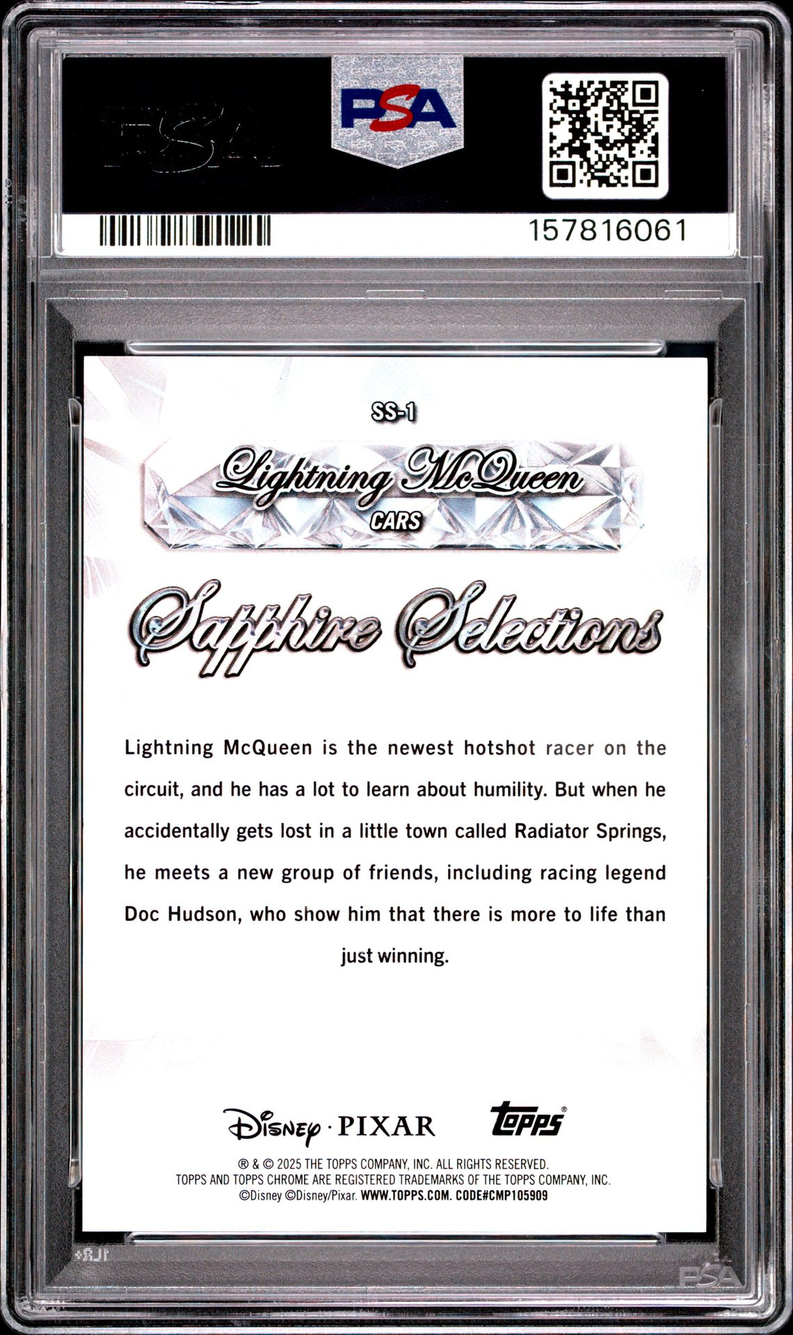 2025 Topps Chrome Disney Sapphire Edition Sapphire Selections Lightning Mcqueen #Ss-1 (Sapphire Selections-Purple) Gem Mt 10 back