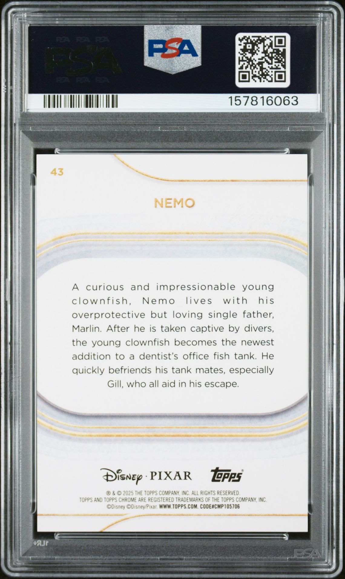 2025 Topps Chrome Disney Sapphire Edition Nemo #43 (Gold) Gem Mt 10 back
