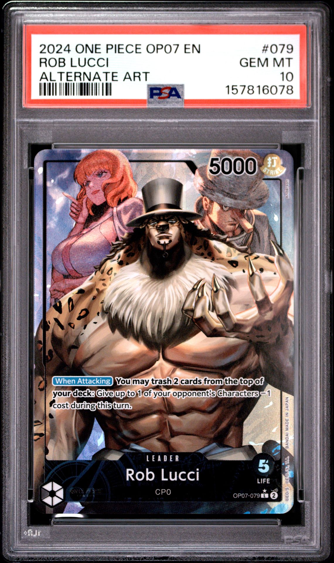 2024 One Piece Op07-500 Years In The Future Rob Lucci #079 (Alternate Art) Gem Mt 10 front view - PSA graded GEM MT 10