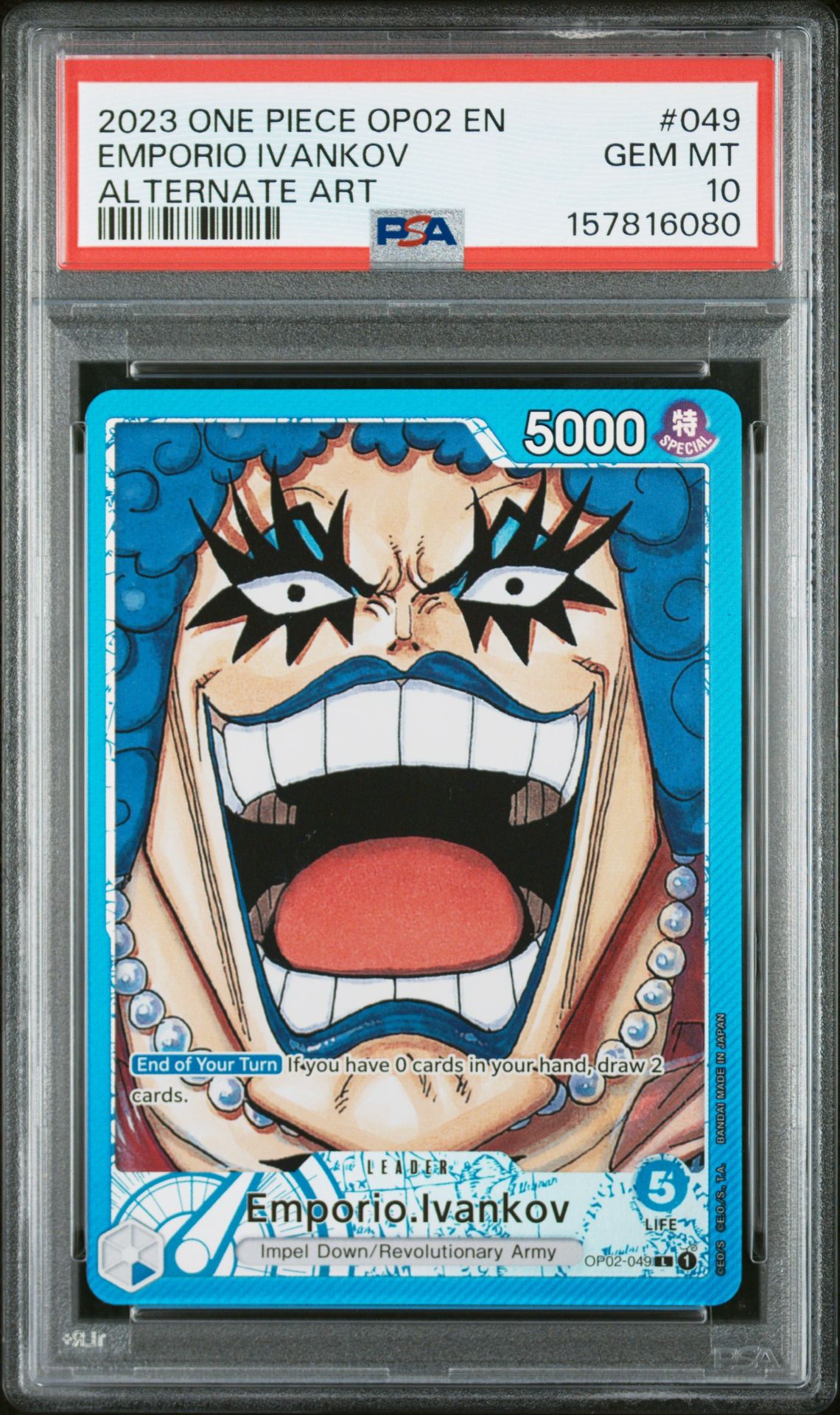2023 One Piece Op02-Paramount War Emporio Ivankov #049 (Alternate Art) Gem Mt 10 front view - PSA graded GEM MT 10