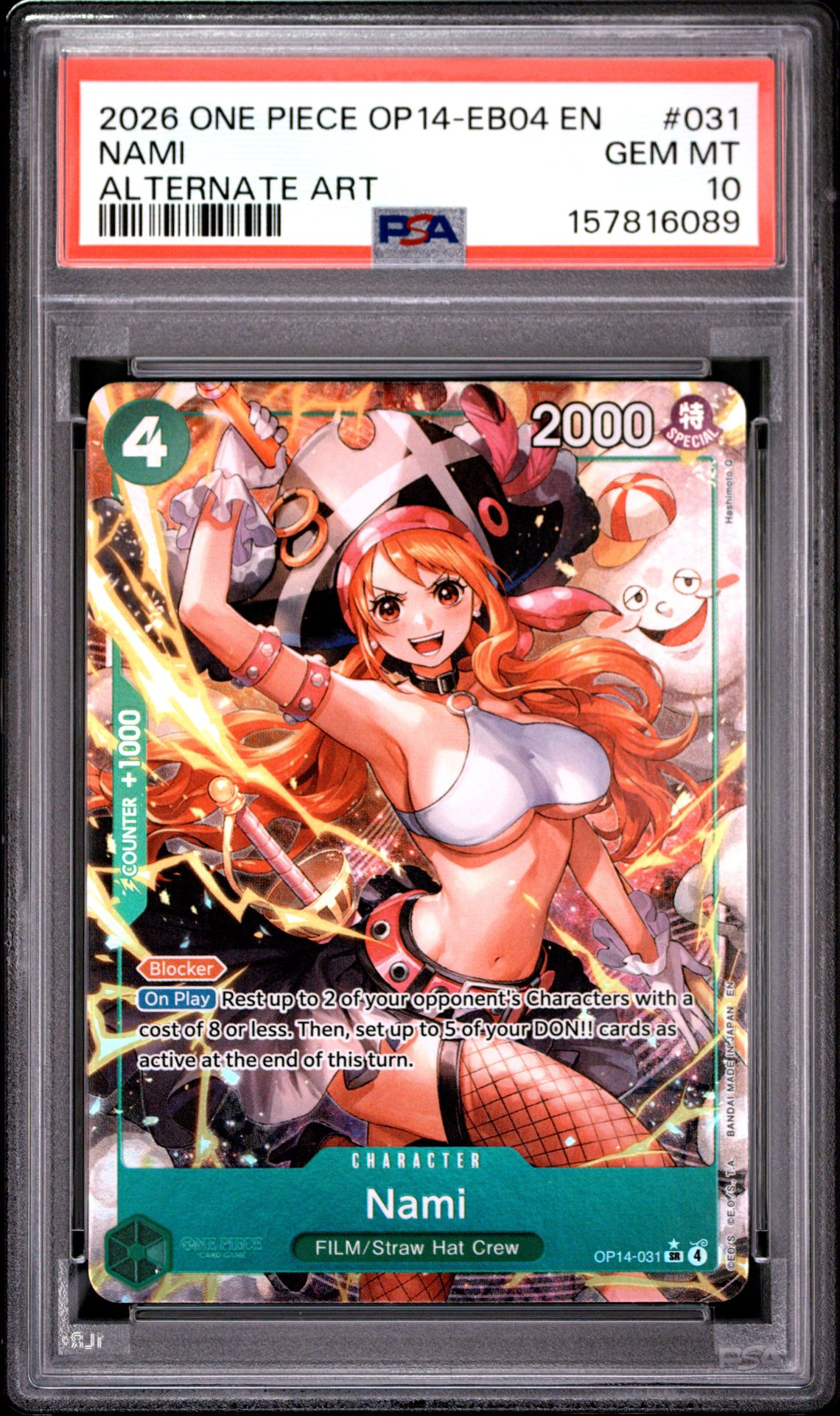 2026 One Piece Op14-Eb04-The Azure Sea's Seven Nami #031 (Alternate Art) Gem Mt 10 front view - PSA graded GEM MT 10