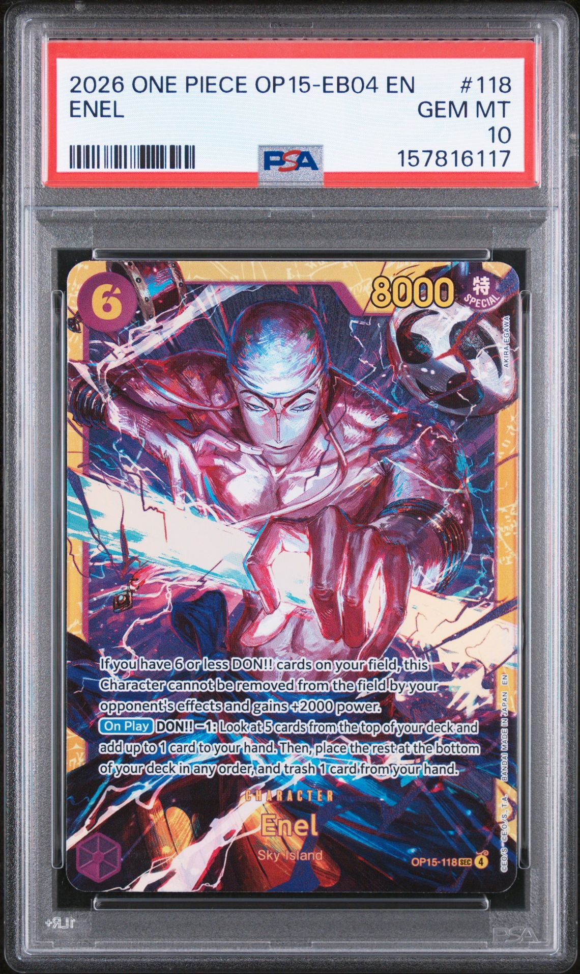 2026 One Piece Op15-Eb04-Adventure On Kami's Island Enel #118 Gem Mt 10 front view - PSA graded GEM MT 10