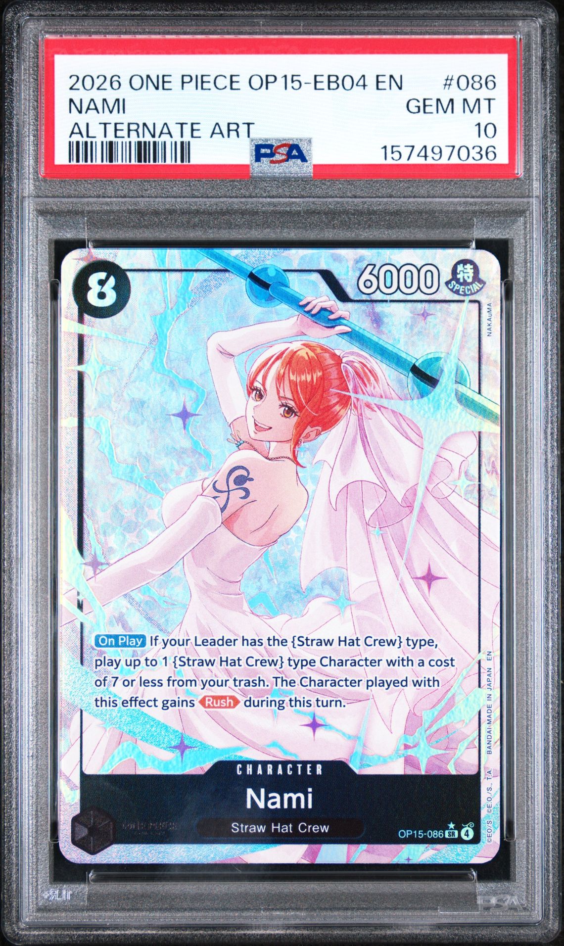 2026 One Piece Op15-Eb04-Adventure On Kami's Island Nami #086 (Alternate Art) Gem Mt 10 front view - PSA graded GEM MT 10