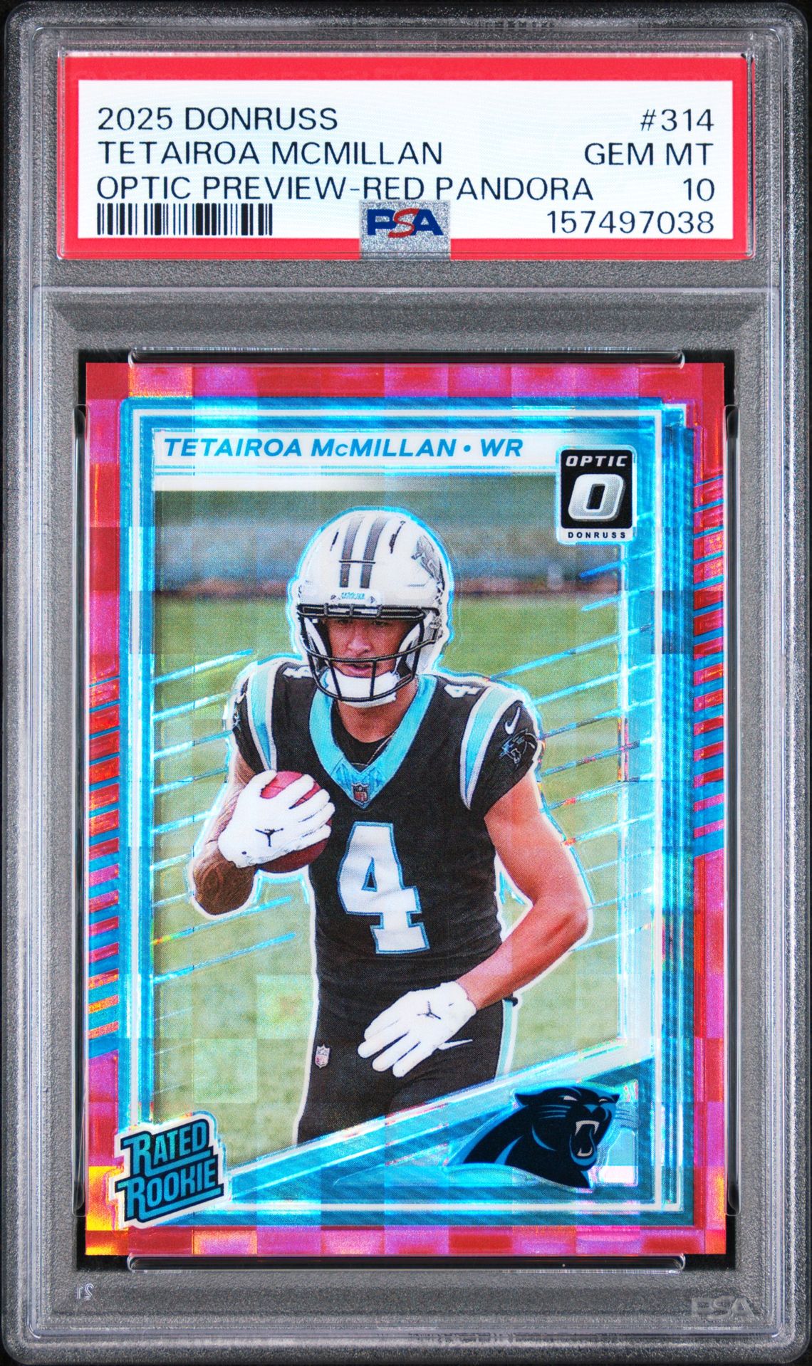 2025 Panini Donruss Tetairoa Mcmillan #314 (Optic Preview-Red Pandora) Gem Mt 10 front view - PSA graded GEM MT 10
