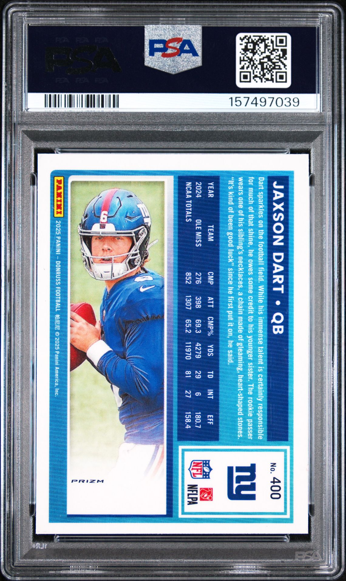 2025 Panini Donruss Jaxson Dart #400 (Optic Preview-Pink) Gem Mt 10 back