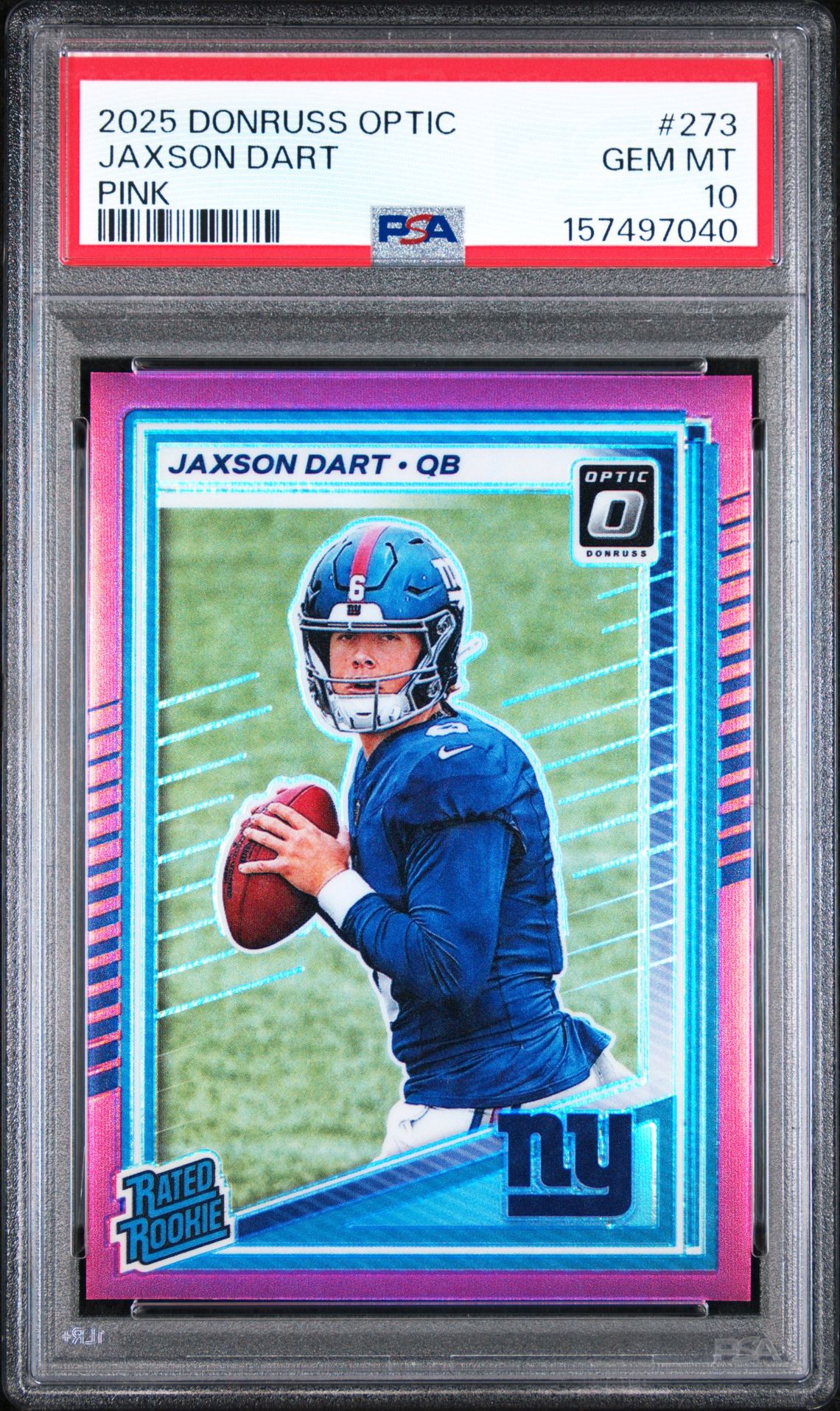 2025 Panini Donruss Optic Jaxson Dart #273 (Pink) Gem Mt 10 front view - PSA graded GEM MT 10