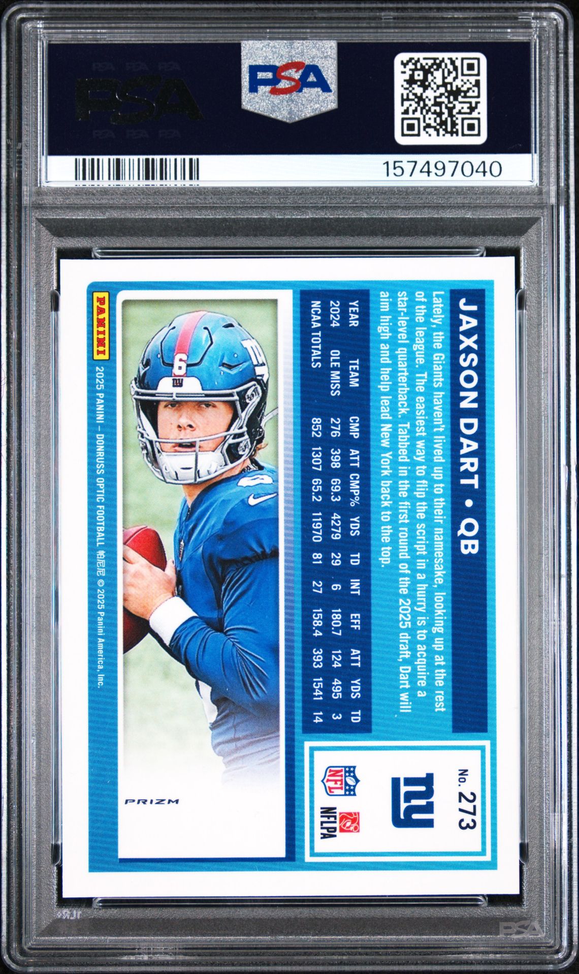 2025 Panini Donruss Optic Jaxson Dart #273 (Pink) Gem Mt 10 back view - PSA certificate #157497040