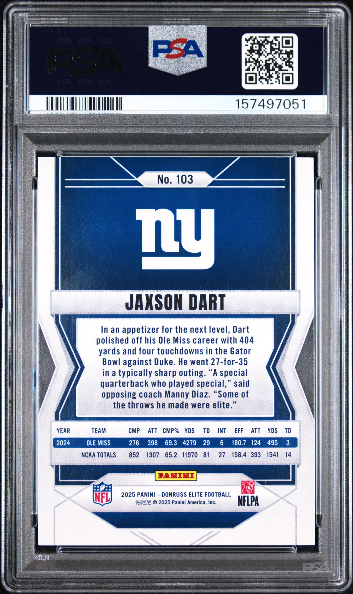 2025 Panini Donruss Elite Jaxson Dart #103 (Green Disco) Mint 9 back