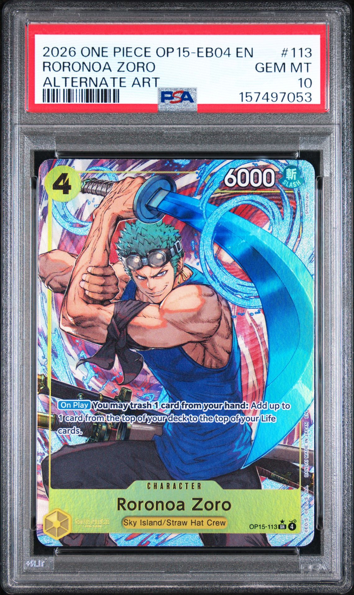 2026 One Piece Op15-Eb04-Adventure On Kami's Island Roronoa Zoro #113 (Alternate Art) Gem Mt 10 front