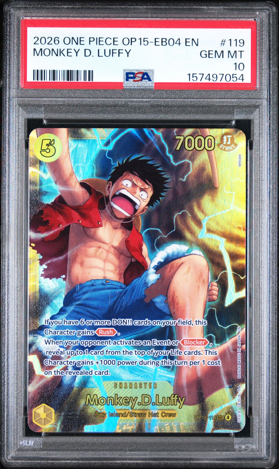 2026 One Piece Op15-Eb04-Adventure On Kami's Island Monkey D. Luffy #119 Gem Mt 10 front view - PSA graded GEM MT 10