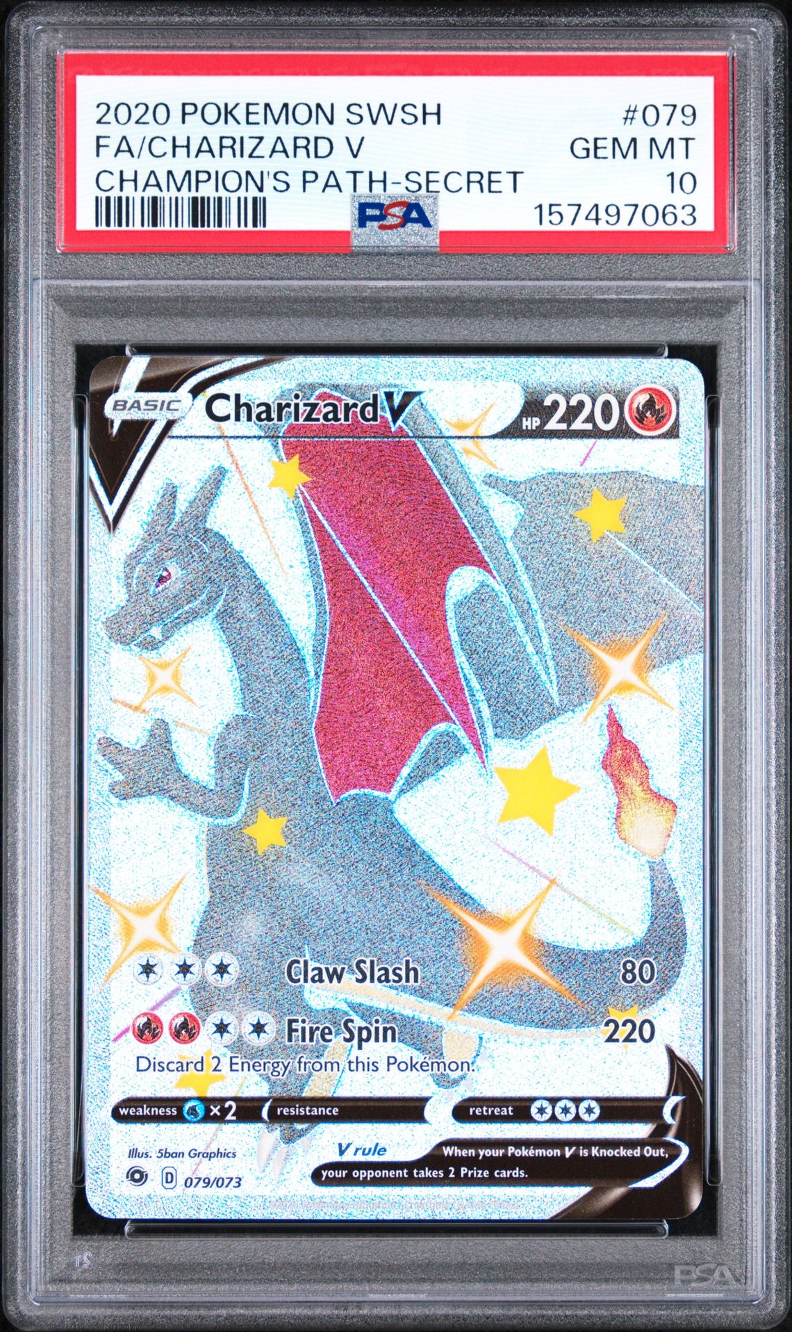 2020 Pokemon Sword & Shield Champion's Path Fa/Charizard V #079 (Champion's Path-Secret) Gem Mt 10 front view - PSA graded GEM MT 10