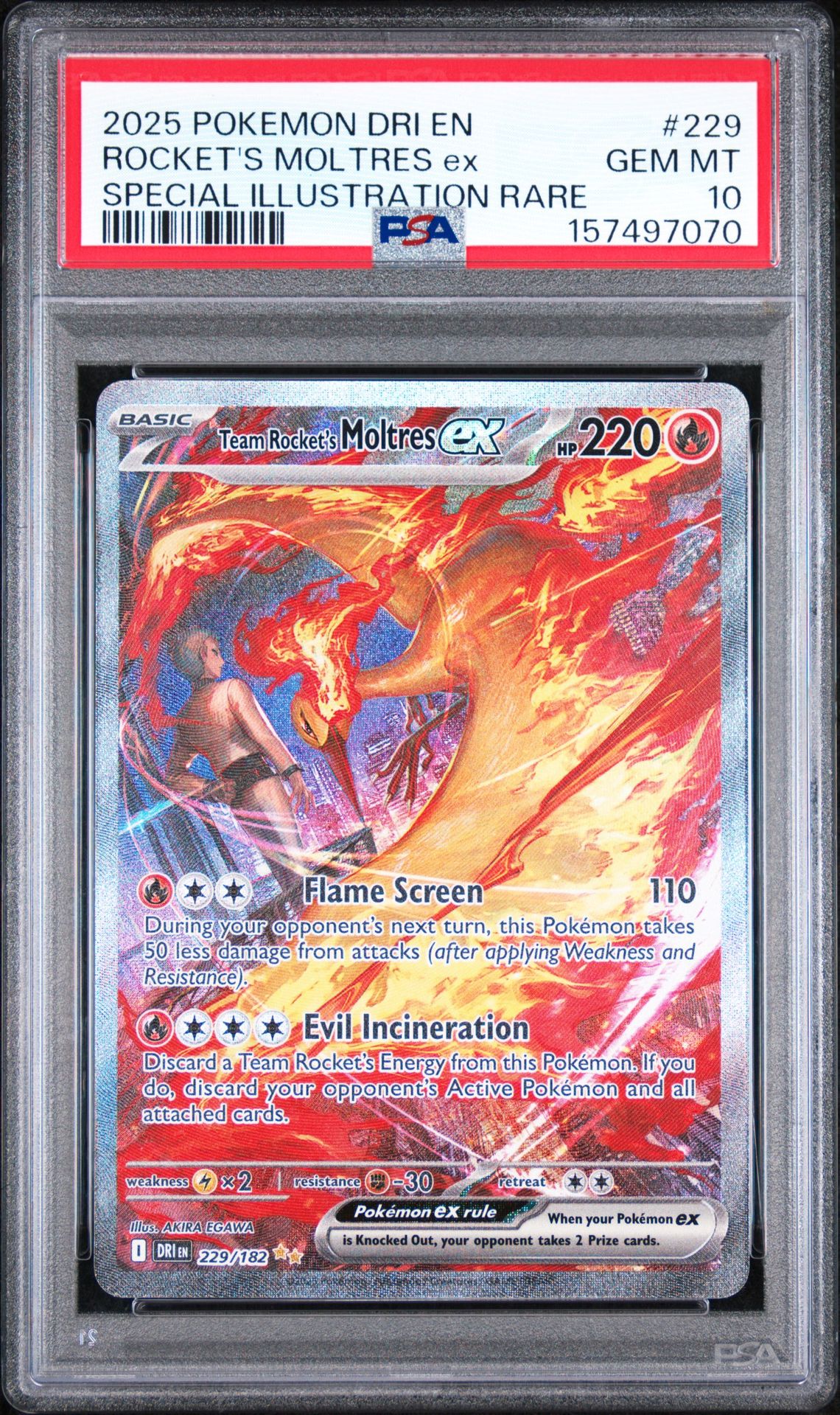 2025 Pokemon Dri En-Destined Rivals Rocket's Moltres Ex #229 (Special Illustration Rare) Gem Mt 10 front view - PSA graded GEM MT 10