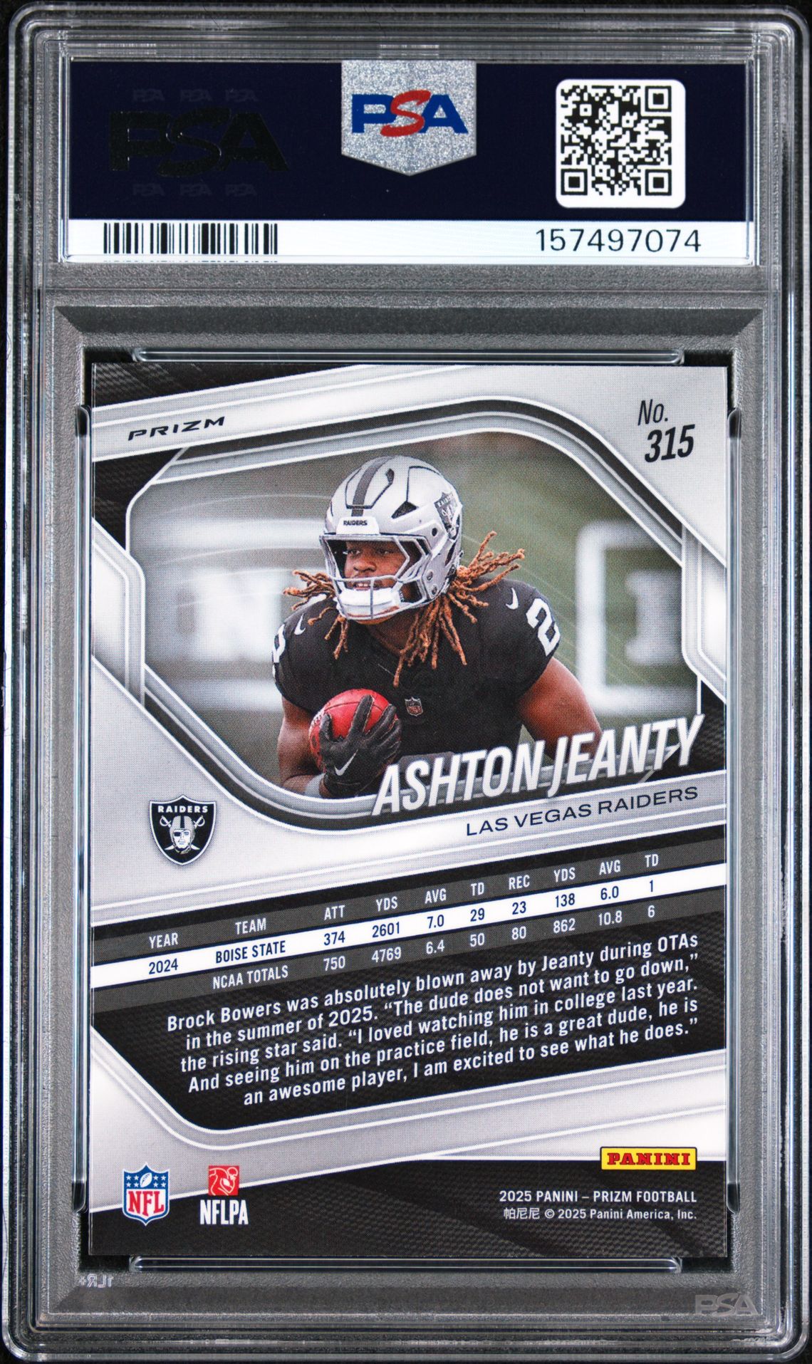 2025 Panini Prizm Ashton Jeanty #315 (Silver Prizm) Gem Mt 10 back