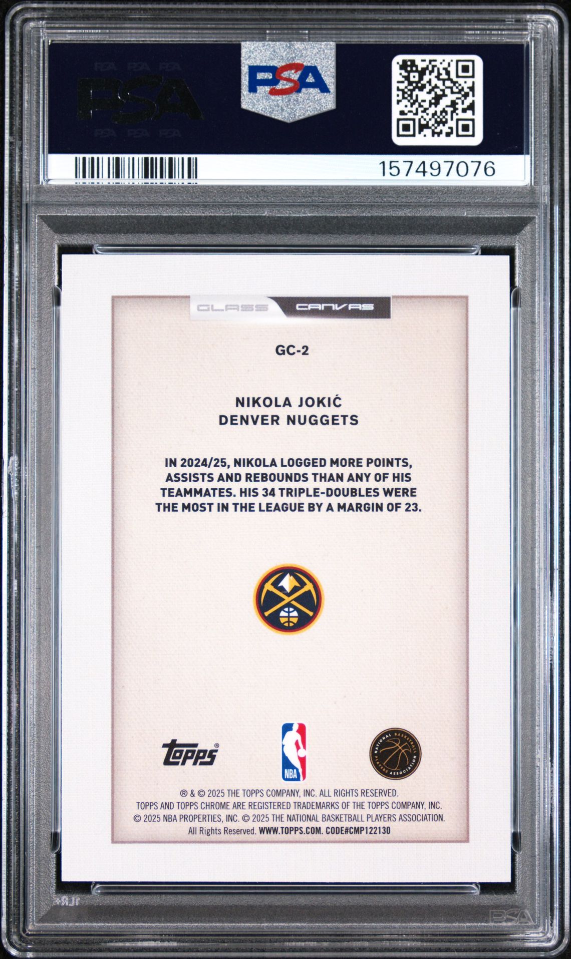 2025 Topps Chrome Glass Canvas Nikola Jokic #Gc-2 Gem Mt 10 back view - PSA certificate #157497076