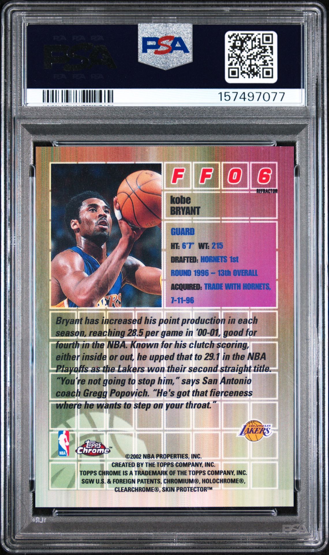 2001 Topps Chrome Fast & Furious Kobe Bryant #Ff06 (Fast & Furious-Refractor) Nm-Mt 8 back