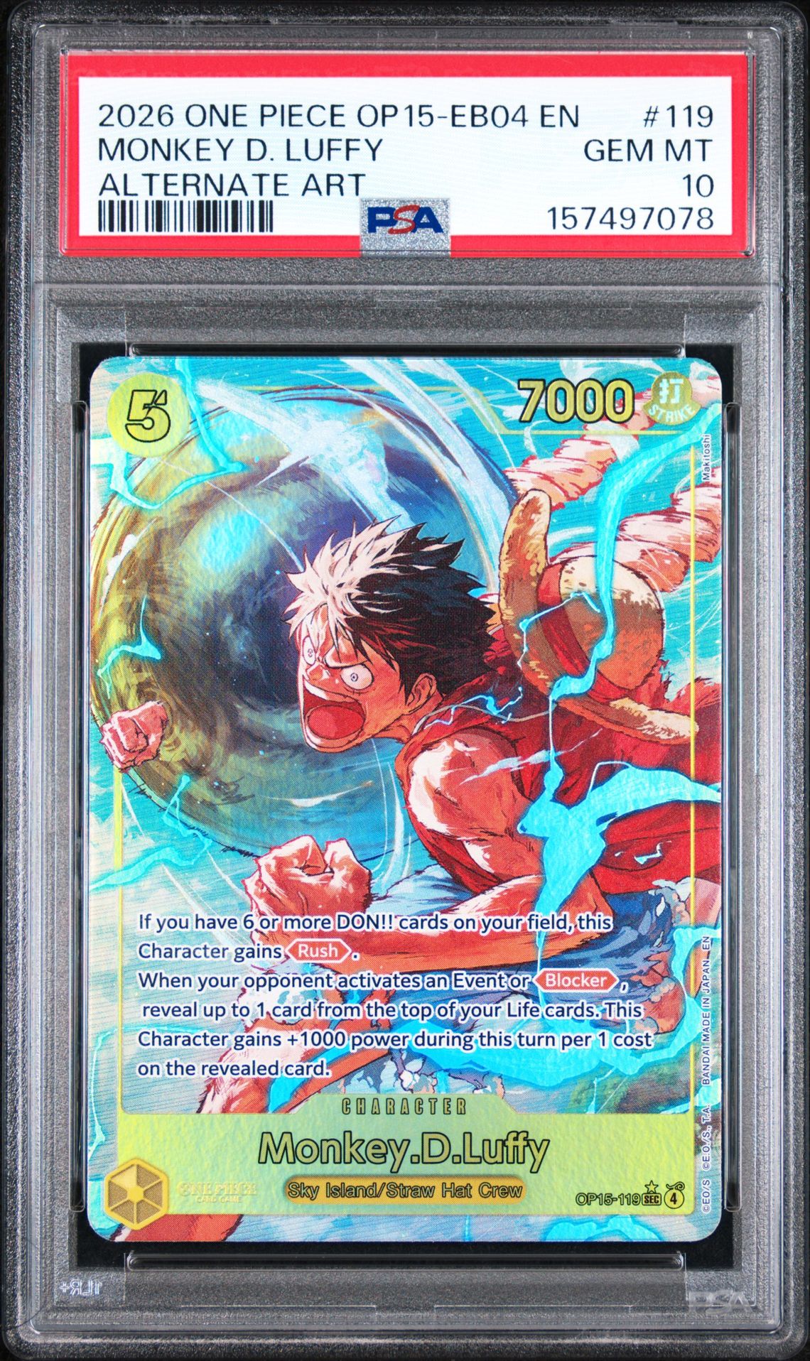 2026 One Piece Op15-Eb04-Adventure On Kami's Island Monkey D. Luffy #119 (Alternate Art) Gem Mt 10 front view - PSA graded GEM MT 10