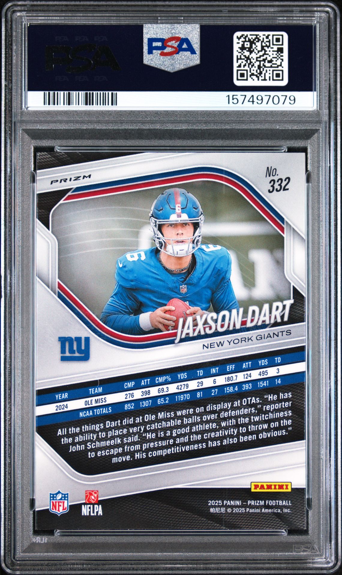 2025 Panini Prizm Jaxson Dart #332 (White Disco) Mint 9 back