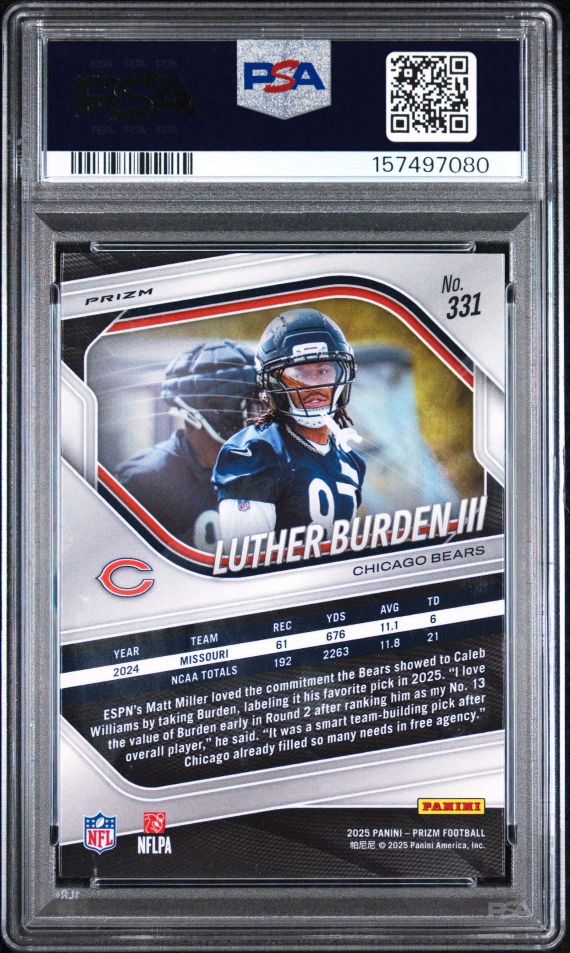 2025 Panini Prizm Luther Burden Iii #331 (Silver Prizm) Gem Mt 10 back view - PSA certificate #157497080