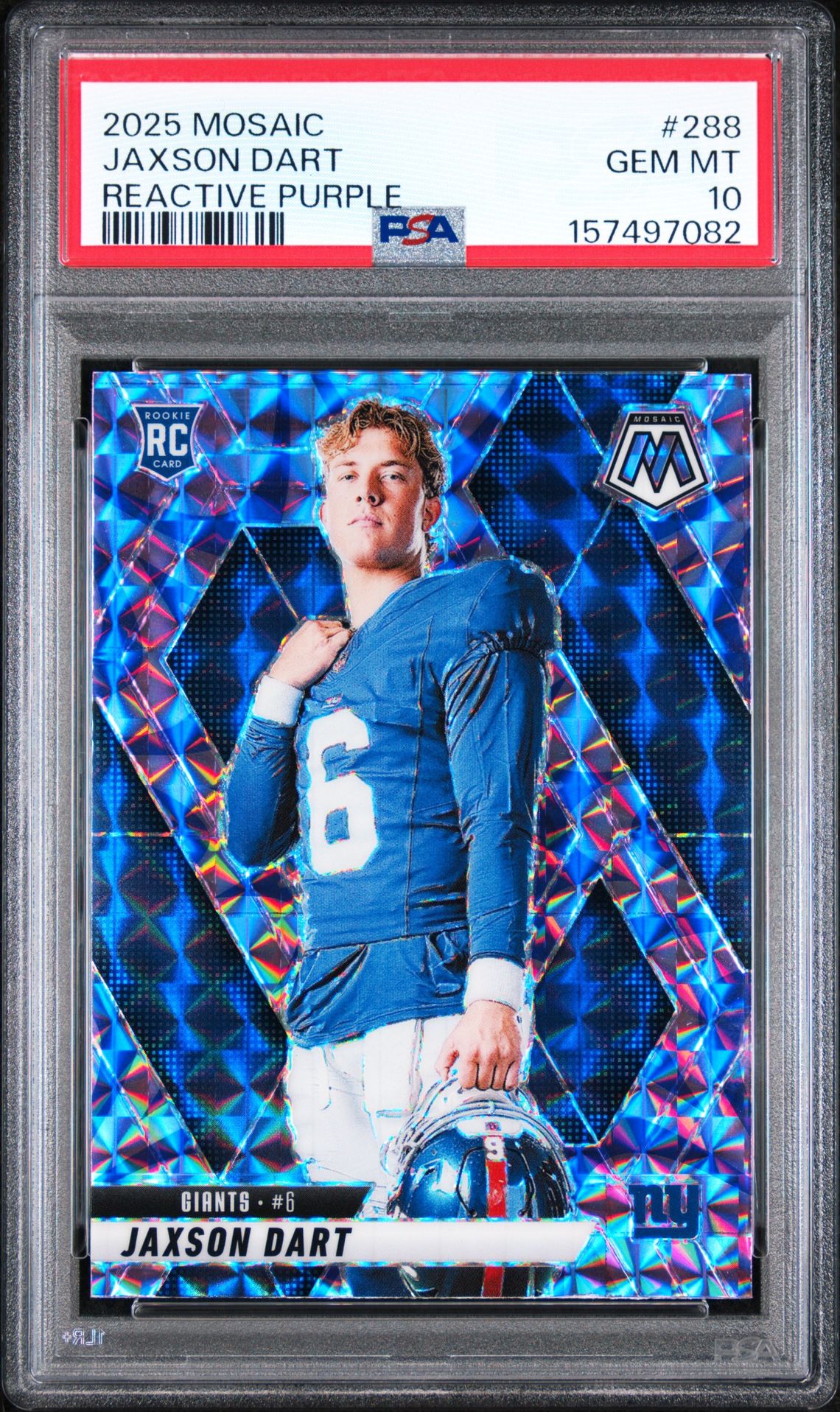2025 Panini Mosaic Jaxson Dart #288 (Reactive Purple) Gem Mt 10 front view - PSA graded GEM MT 10