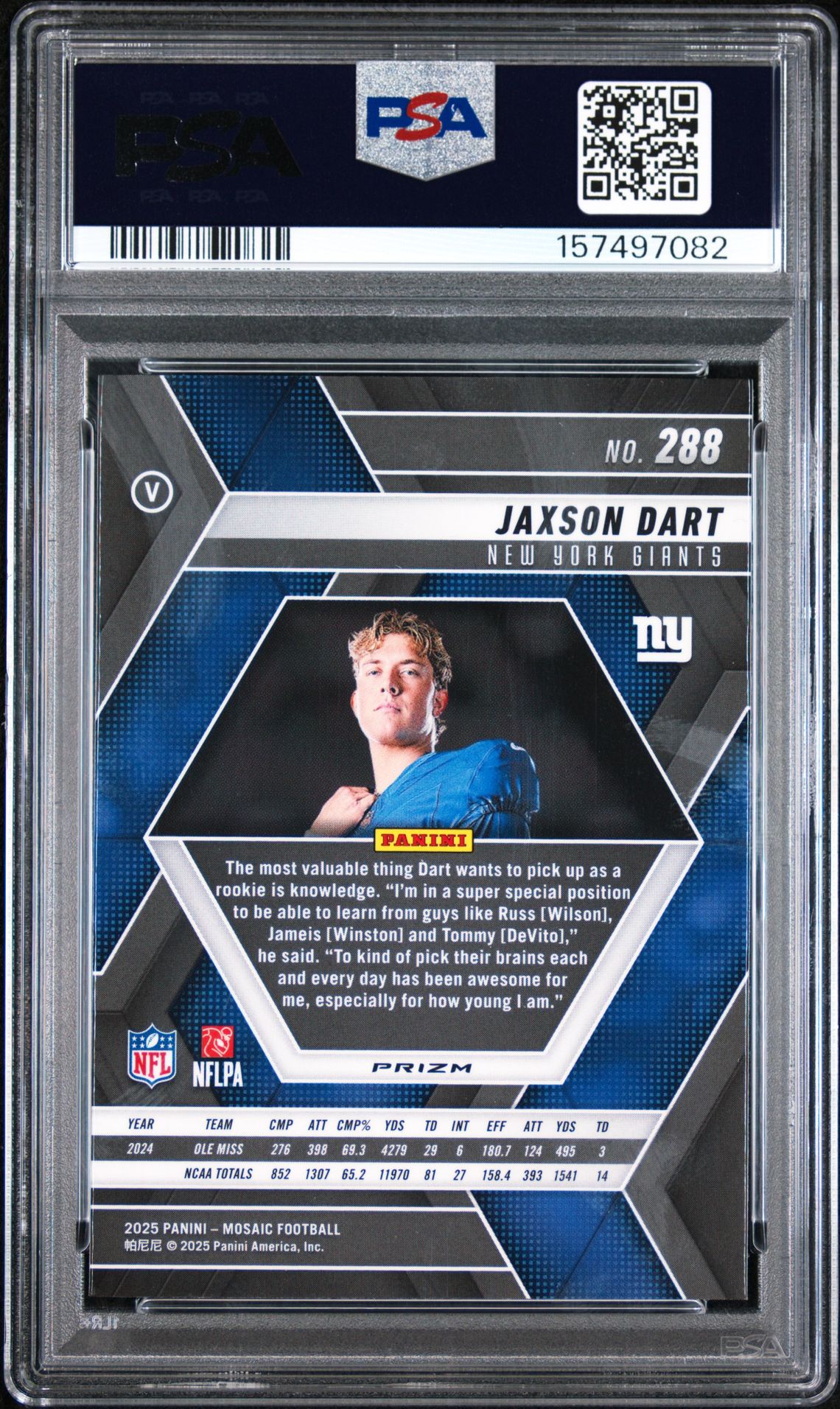 2025 Panini Mosaic Jaxson Dart #288 (Reactive Purple) Gem Mt 10 back view - PSA certificate #157497082