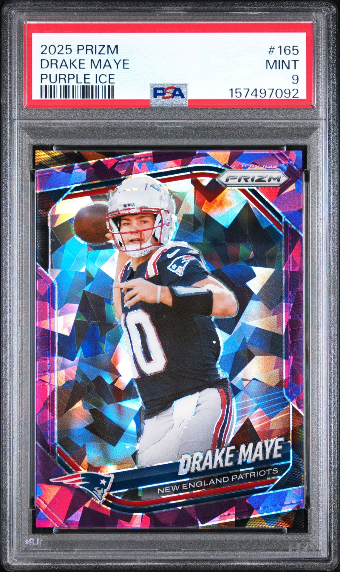 2025 Panini Prizm Drake Maye #165 (Purple Ice) Mint 9 front