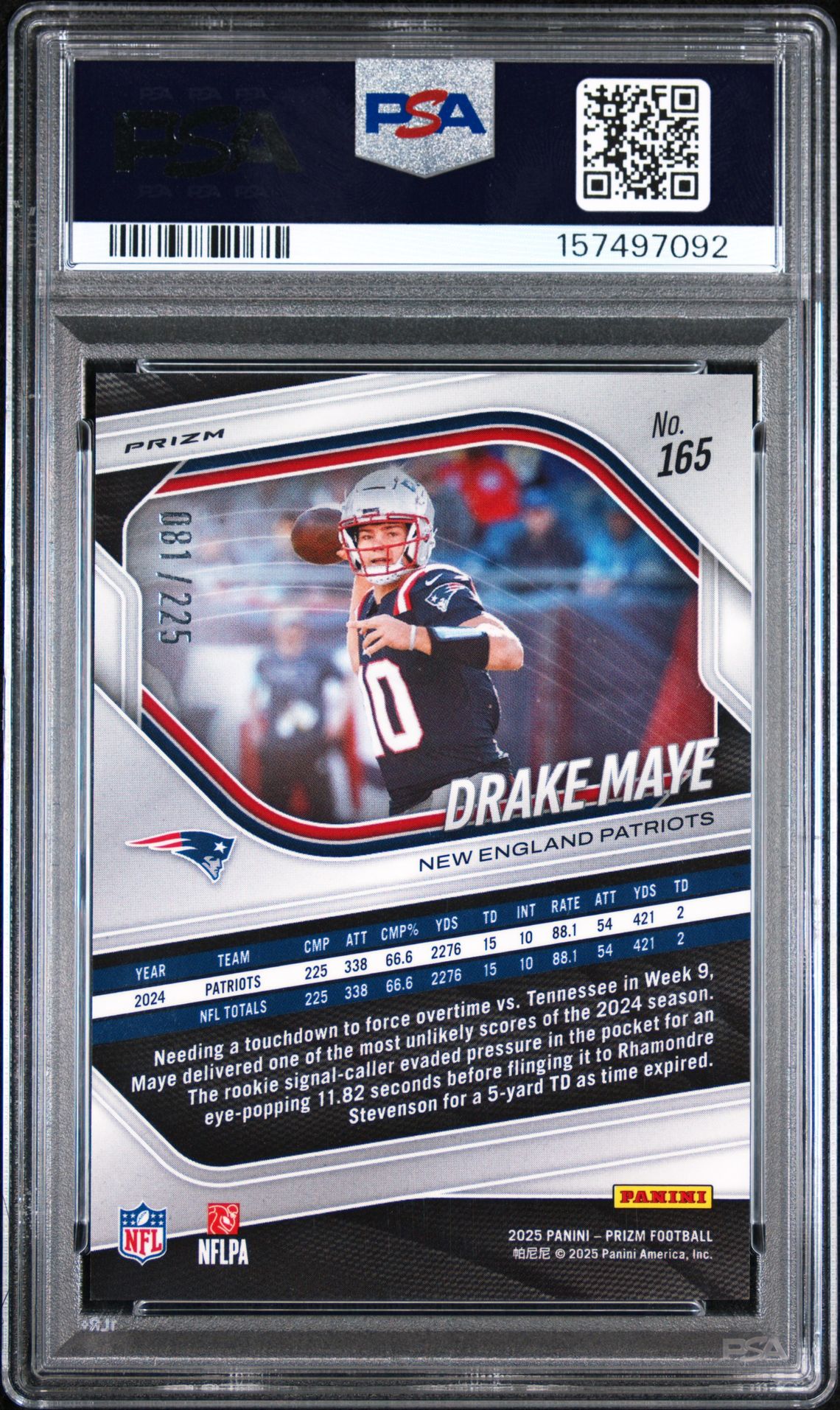 2025 Panini Prizm Drake Maye #165 (Purple Ice) Mint 9 back