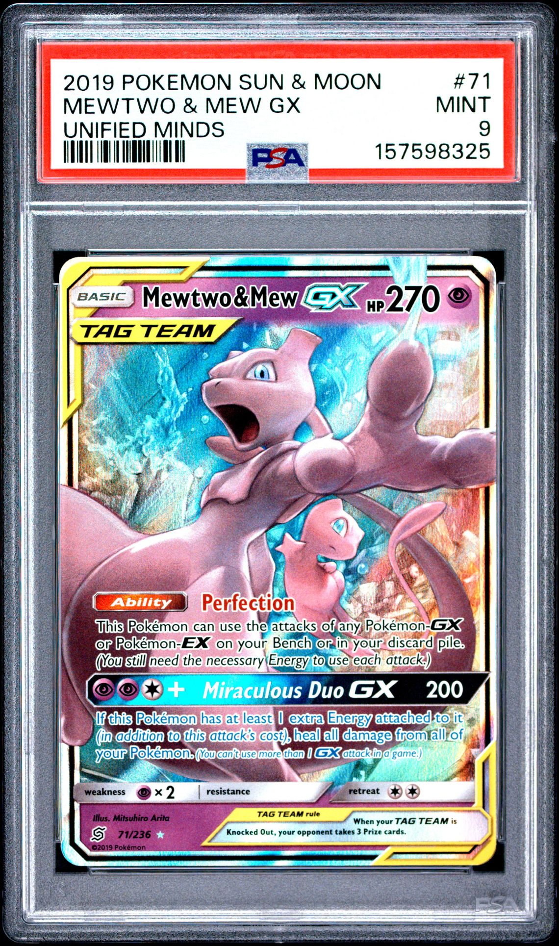 2019 Pokemon Sun & Moon Unified Minds Mewtwo & Mew Gx #71 (Unified Minds) Mint 9 front
