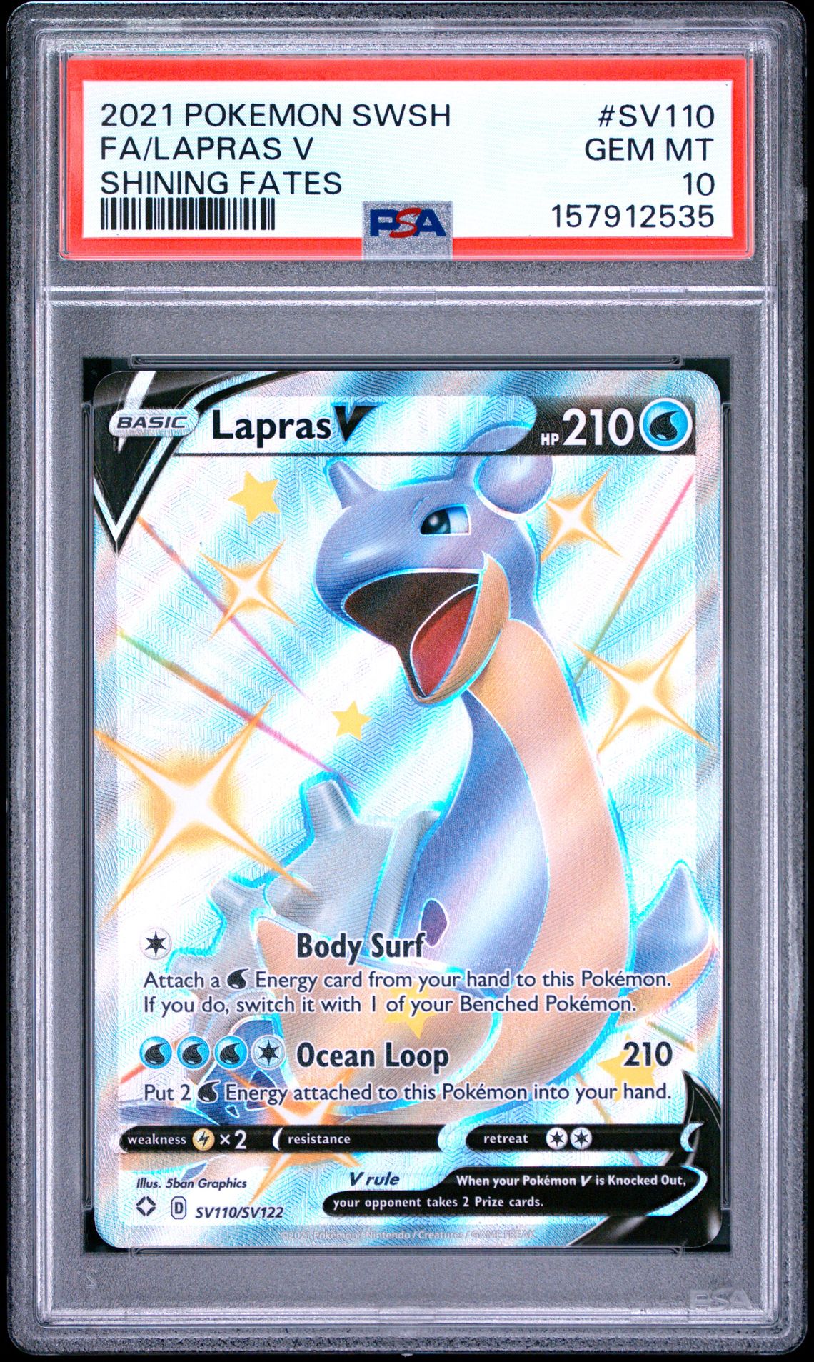 2021 POKEMON SWORD & SHIELD SHINING FATES FA/LAPRAS V SHINING FATES SV110 GEM MT 10 front