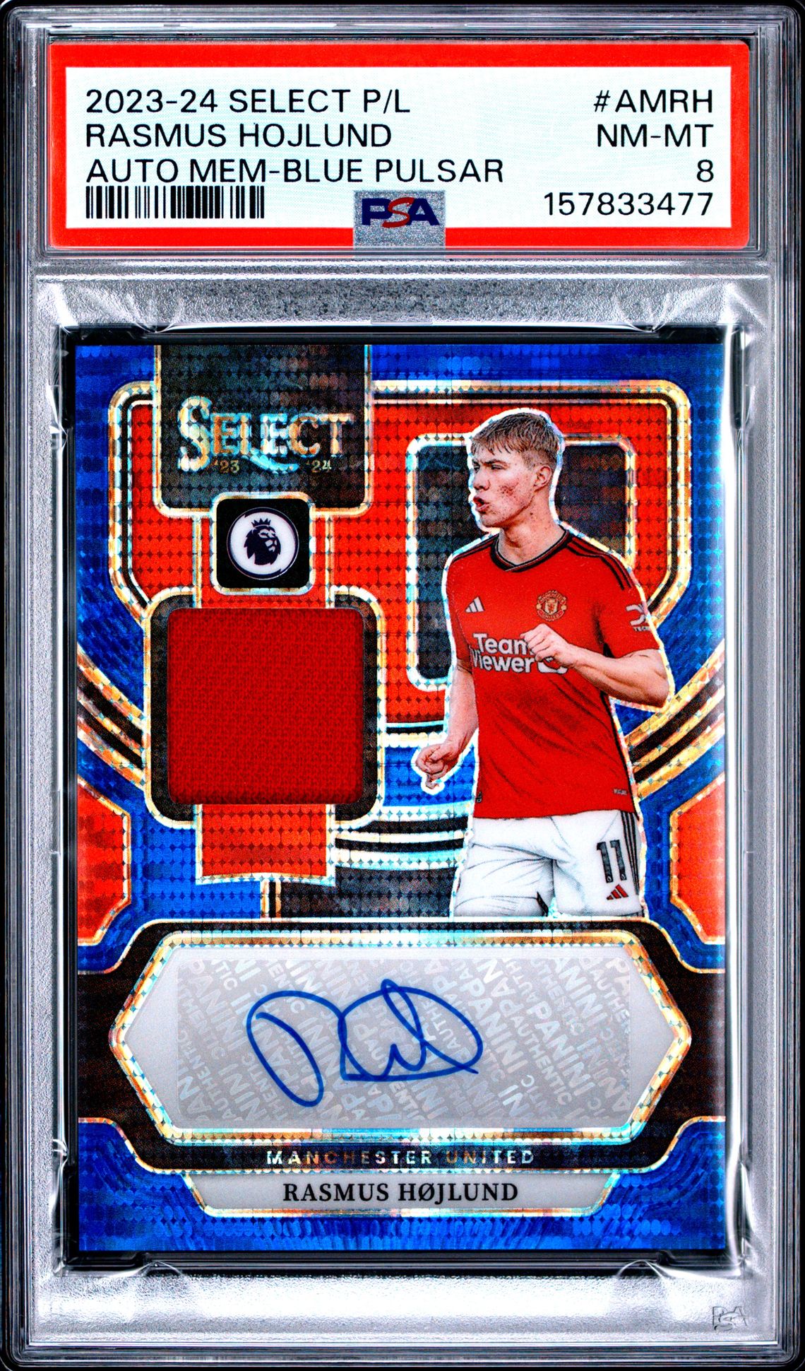 2023-24 Panini Select Premier League Autographed Memorabilia Rasmus Hojlund #Amrh (Auto Mem-Blue Pulsar) Nm-Mt 8 front
