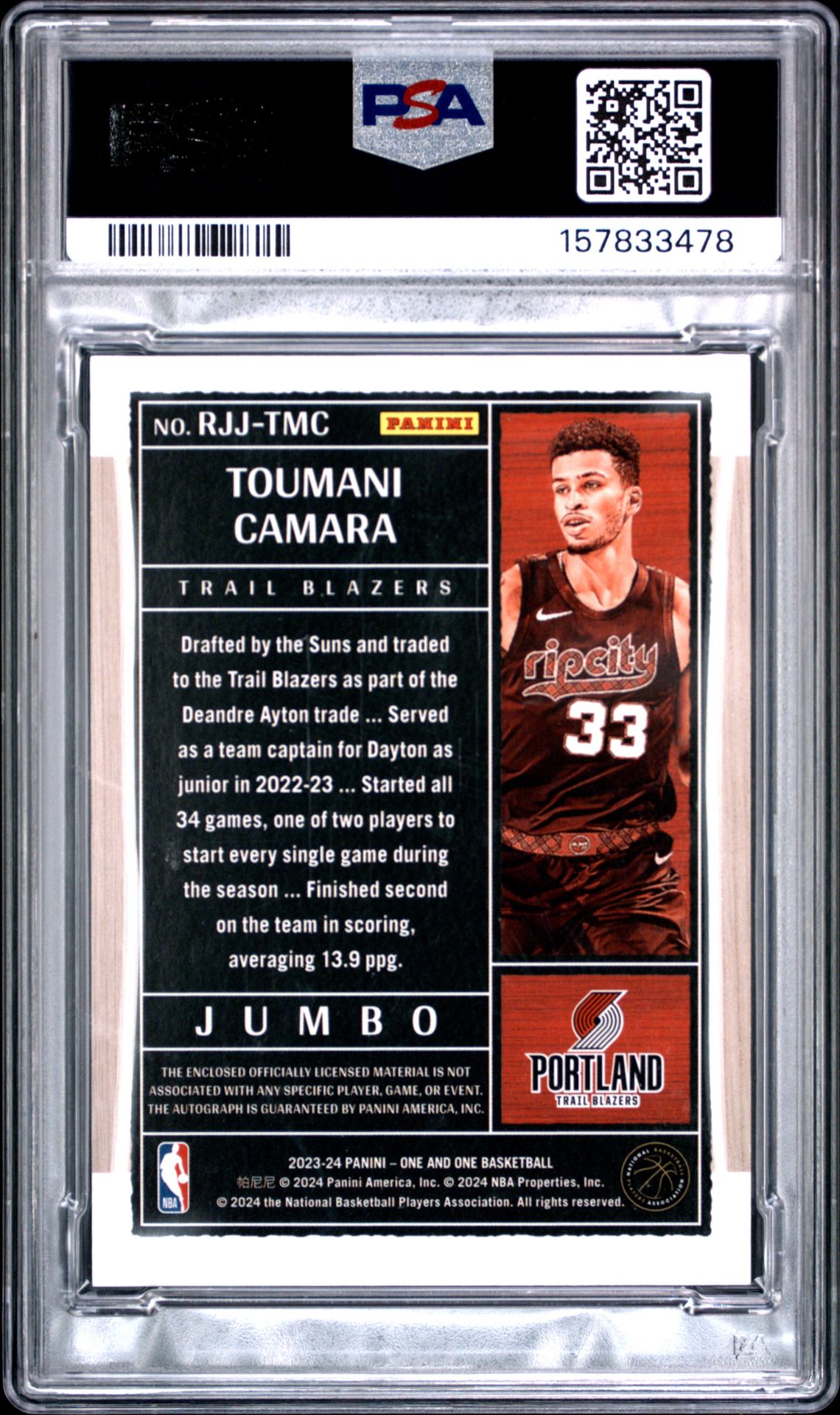 2023 Panini One And One Rookie Jumbo Jersey Autographs Toumani Camara #Rjjtmc (Rookie Jmb Jsy Auto-Fotl) Gem Mt 10 back view - PSA certificate #157833478