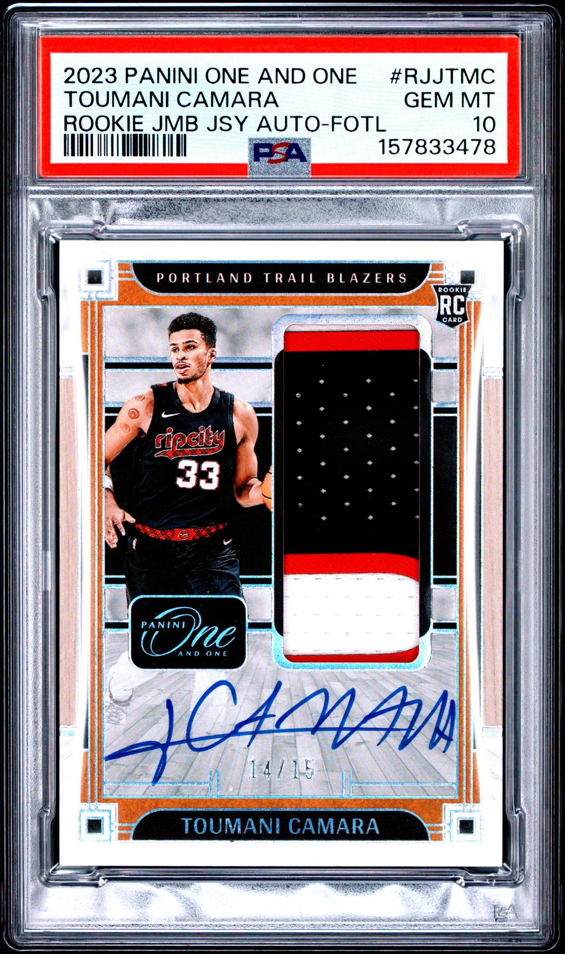 2023 Panini One And One Rookie Jumbo Jersey Autographs Toumani Camara #Rjjtmc (Rookie Jmb Jsy Auto-Fotl) Gem Mt 10 front view - PSA graded GEM MT 10